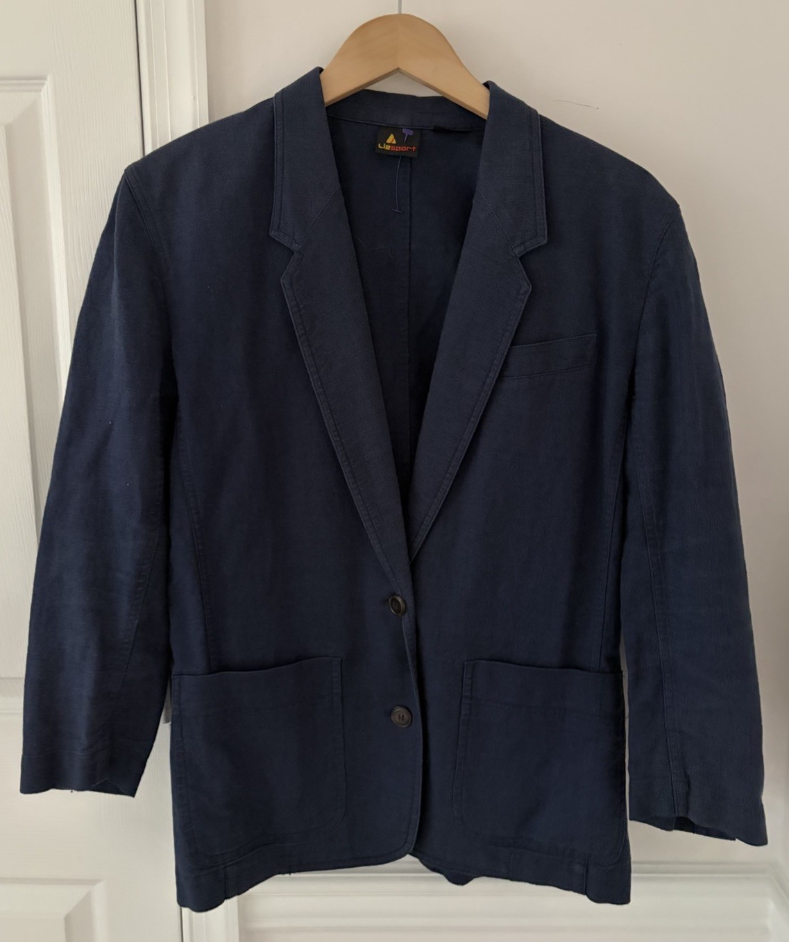 Lizsport Linen Cotton Blazer Jacket Womens Small Navy Blue Vintage 90s Casual