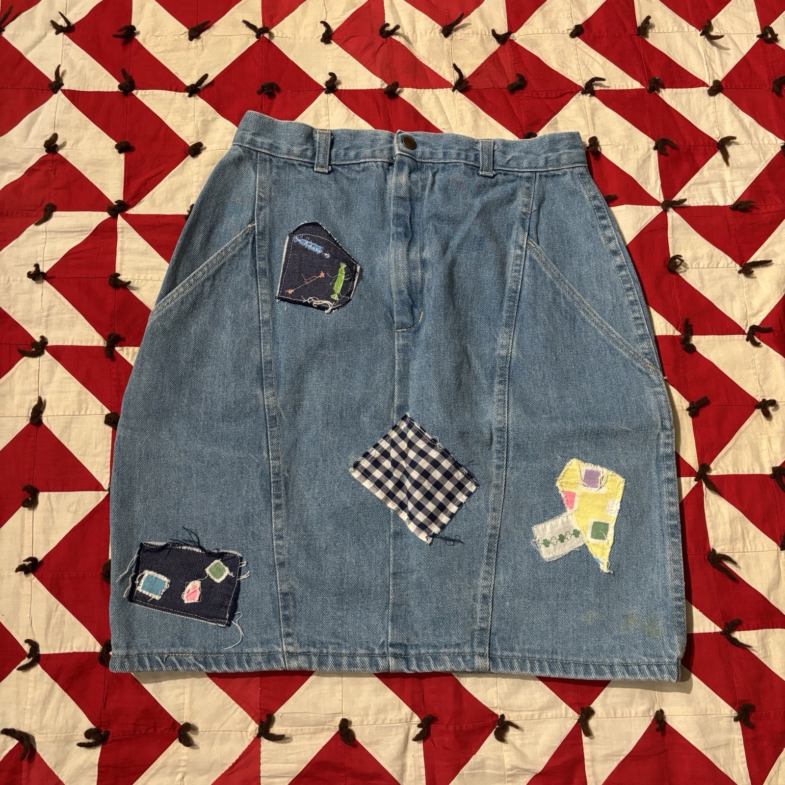 Vintage 1980s Patchwork Denim Skirt As Is Worn Flaws Stains Homemade
