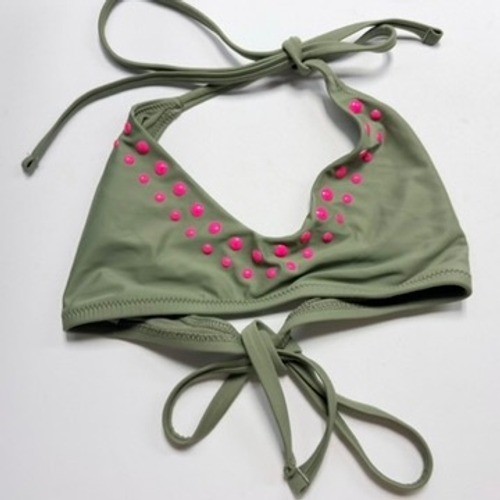 Aerie Voop Bikini Top Medium Olive Pink Stud Halter Swim NWOT