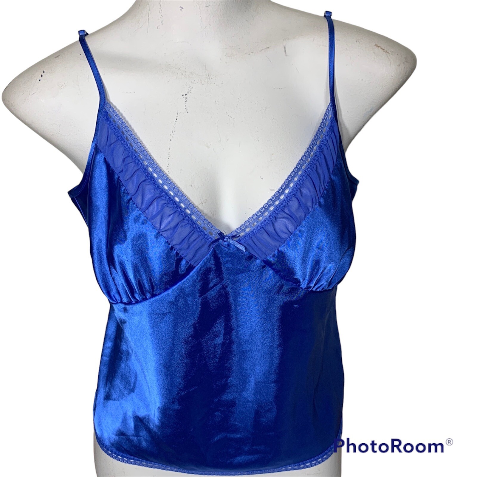 Enchanting Liquid Satin Cami Top Camisole Shirt Size Medium Glossy Sapphire Blue