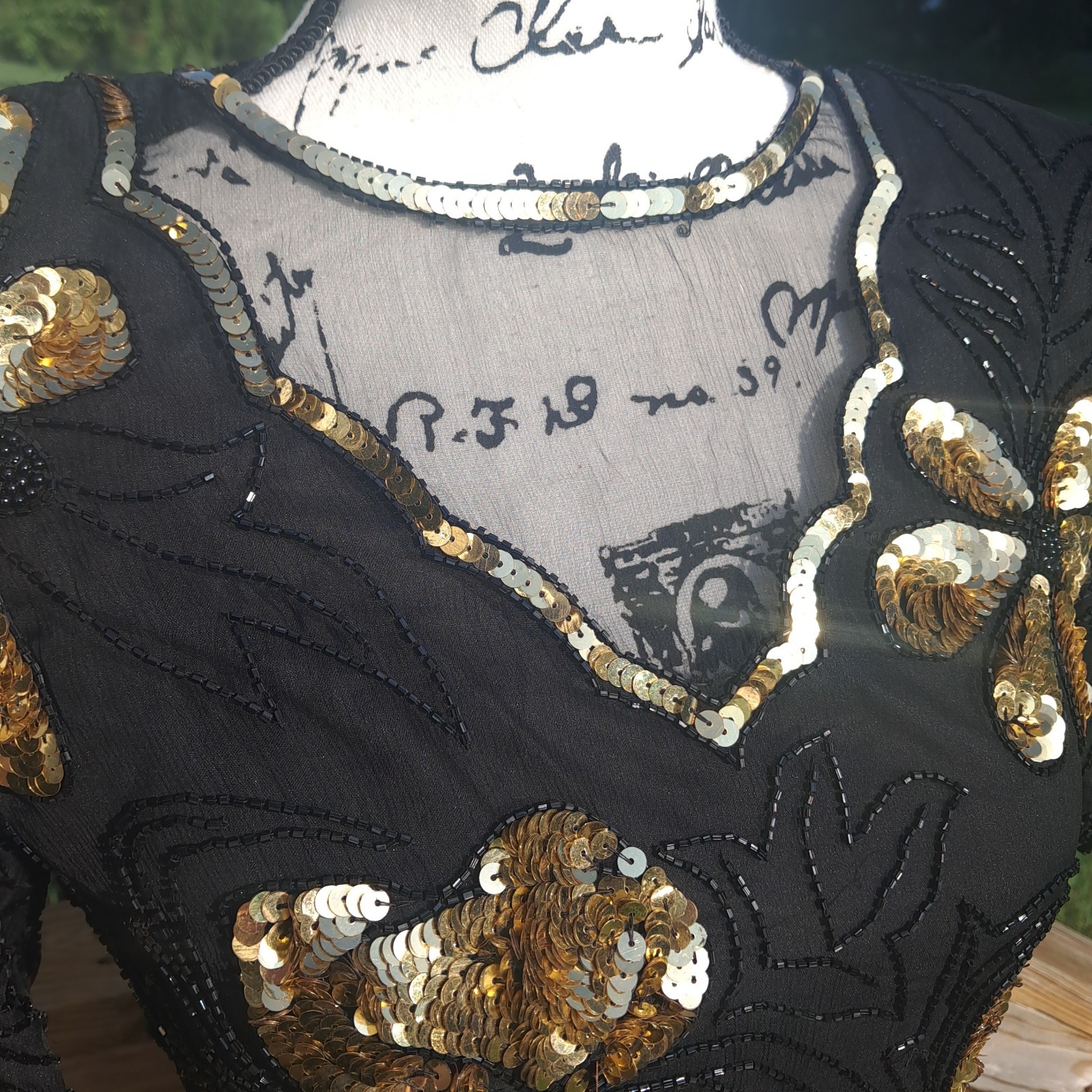 Vintage Stenay Silk Sequin Beaded Top Small Floral Black Gold Regency Goth Event