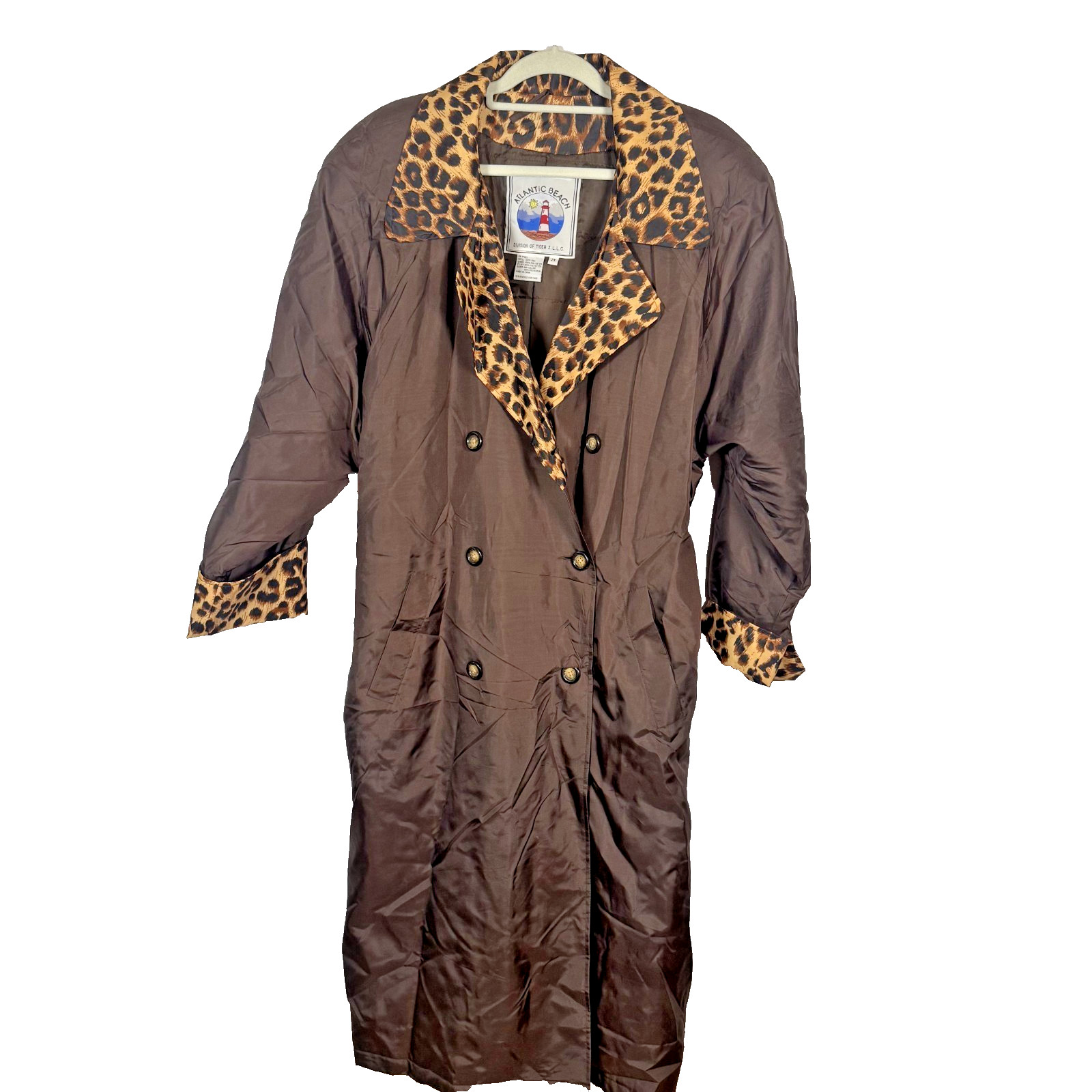 Vintage Atlantic Beach Trench Coat 2X Brown Silk Double Breasted Pockets Belted