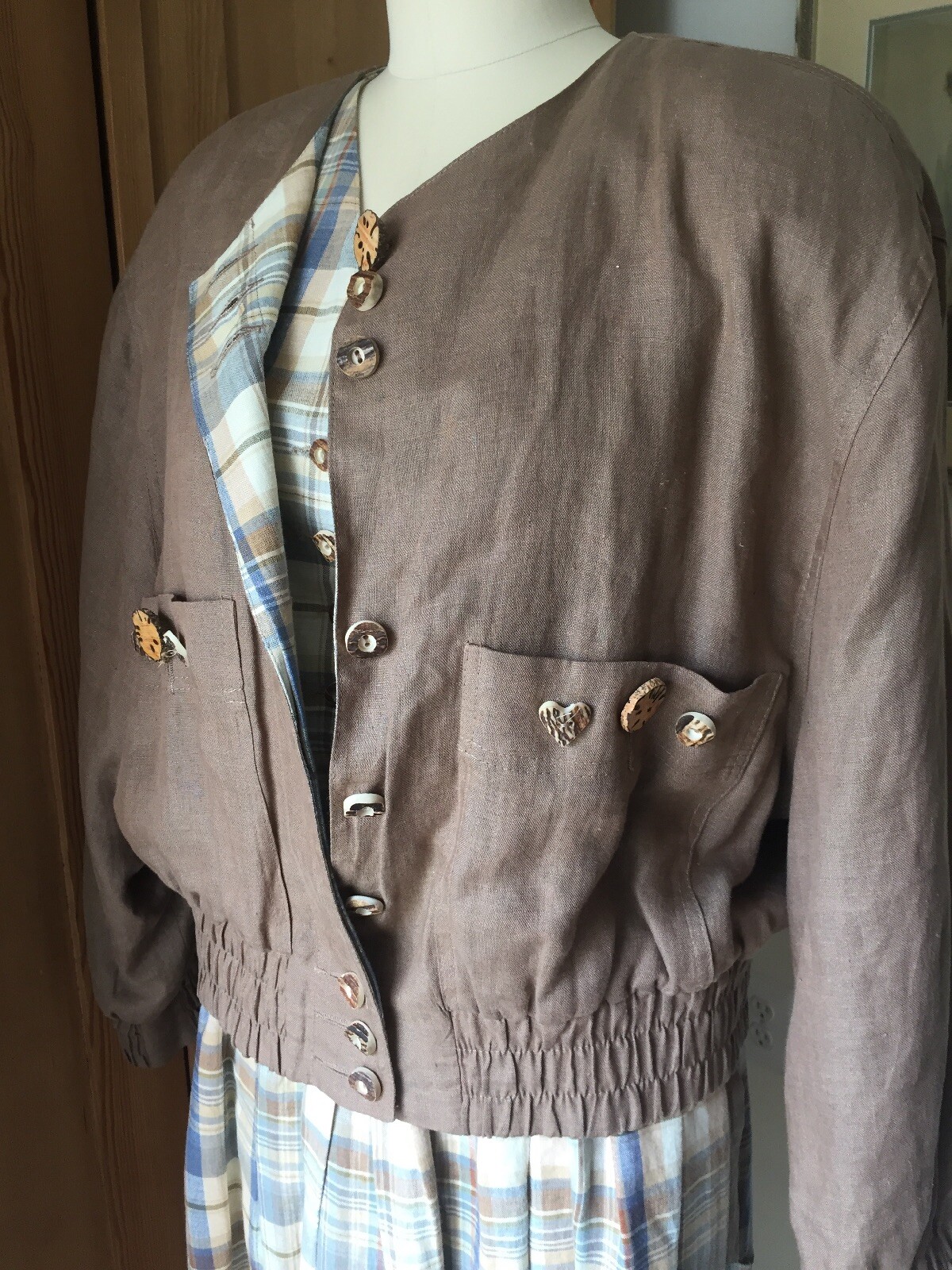 Vintage BASSET Solid & Plaid Detailed 3pc Cotton/Linen Skirt-Jacket-Vest SZ 44/L