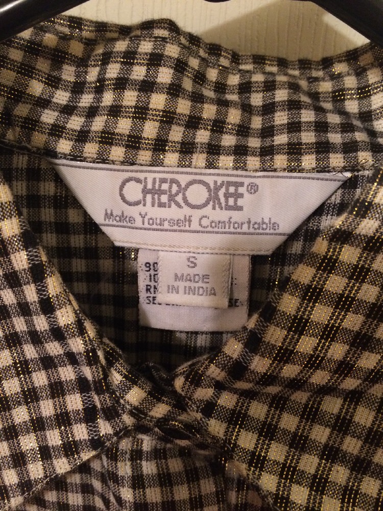 Vintage Cherokee Brand Button Down Shirt Black White Gold Gingham Size Small