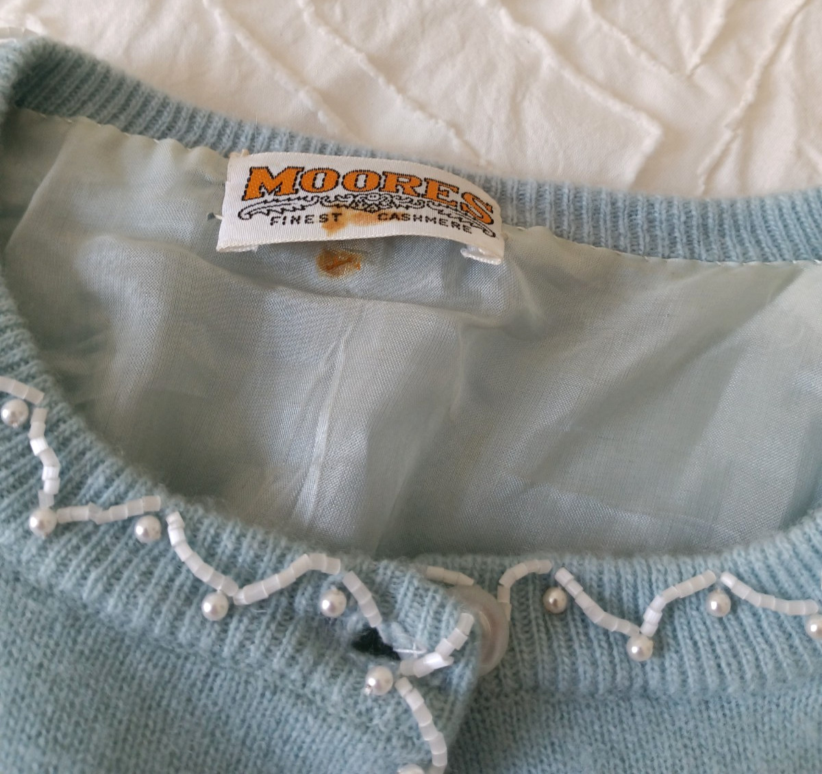 Vintage Moores Cashmere Cardigan Beaded Embroidered Powder Blue Pearl Trim Sweat