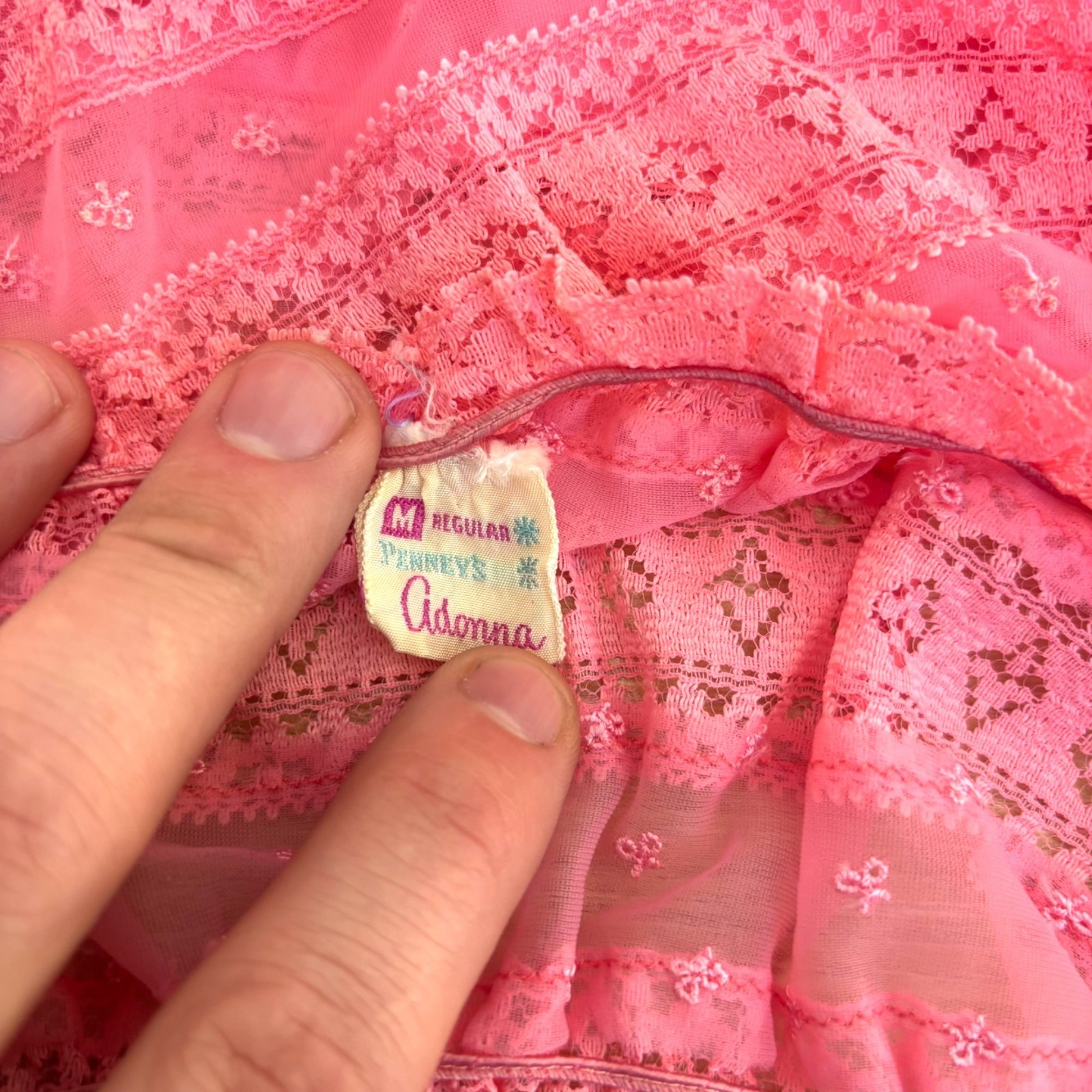 Vintage Adonna Pink Nightgown With Lace Neck & Hem Medium Regular Penneys