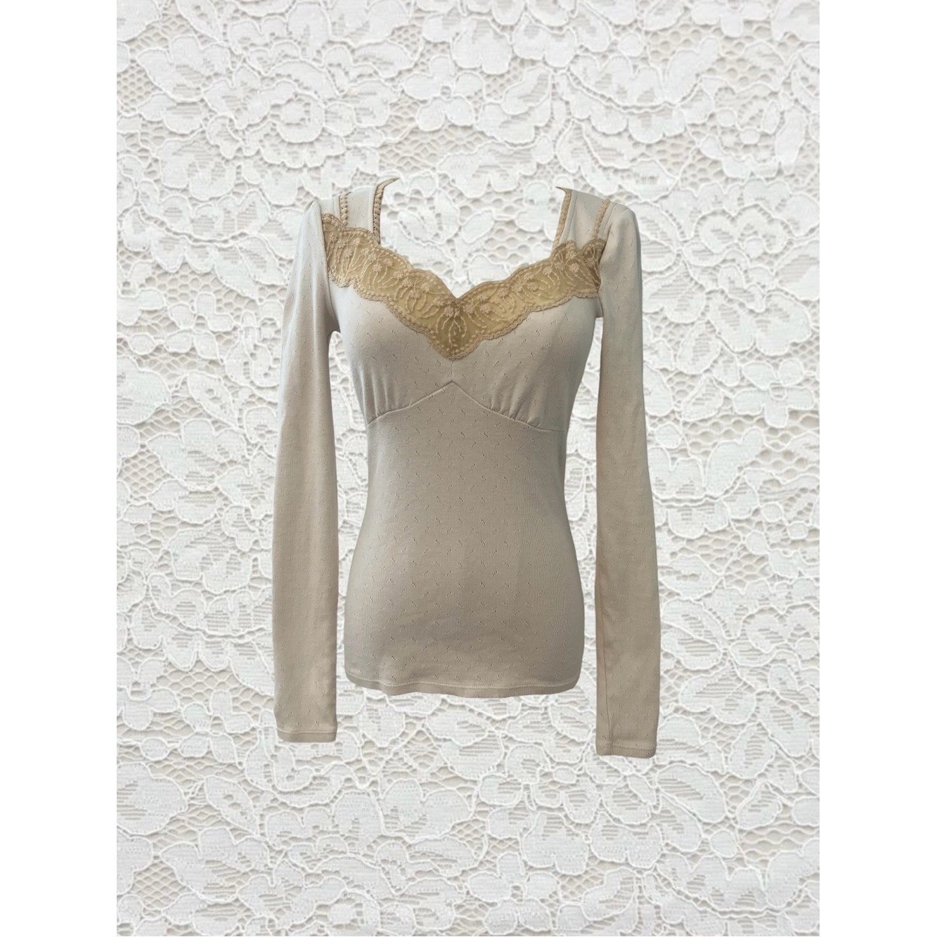 vintage cream lace fairy babydoll long sleeve fitted top