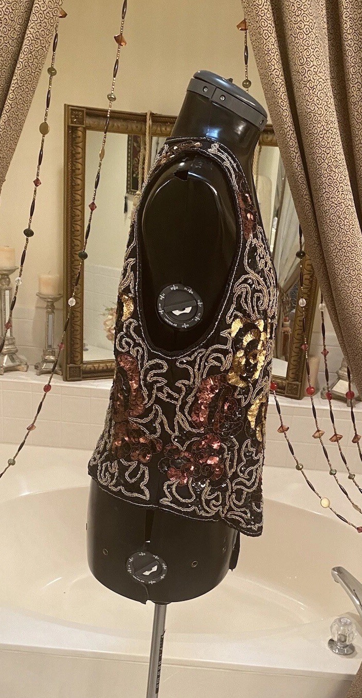 VINTAGE 80&rsquo;s Silk Beaded Sequin Vest BLACK TIE BY HE-RO Black Gold Copper L