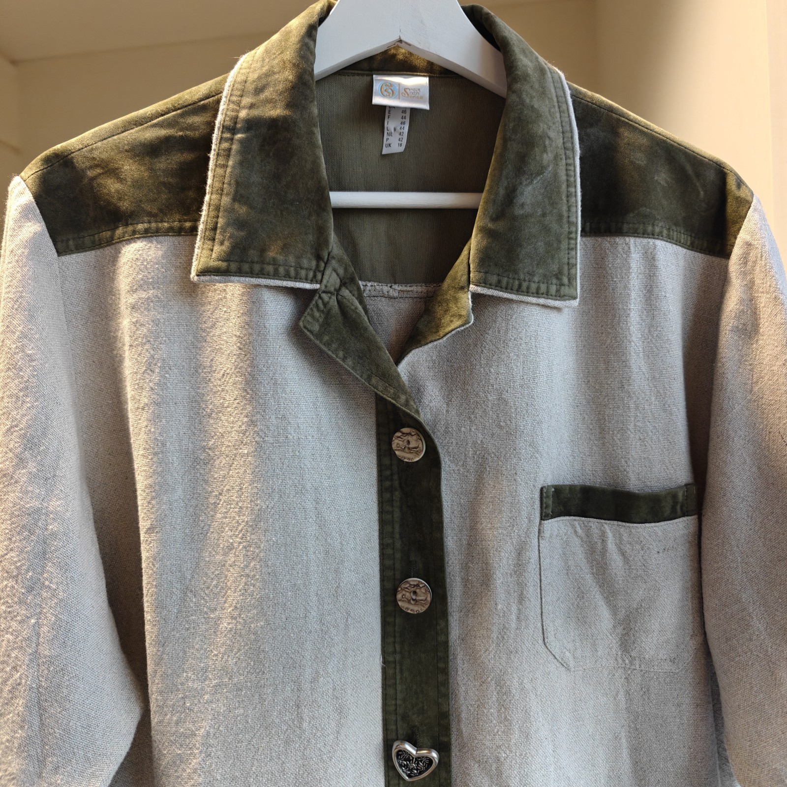 Your Sixth Sense C&A Linen Blend Blouse Vintage Beige Khaki Velvet Trim UK 16