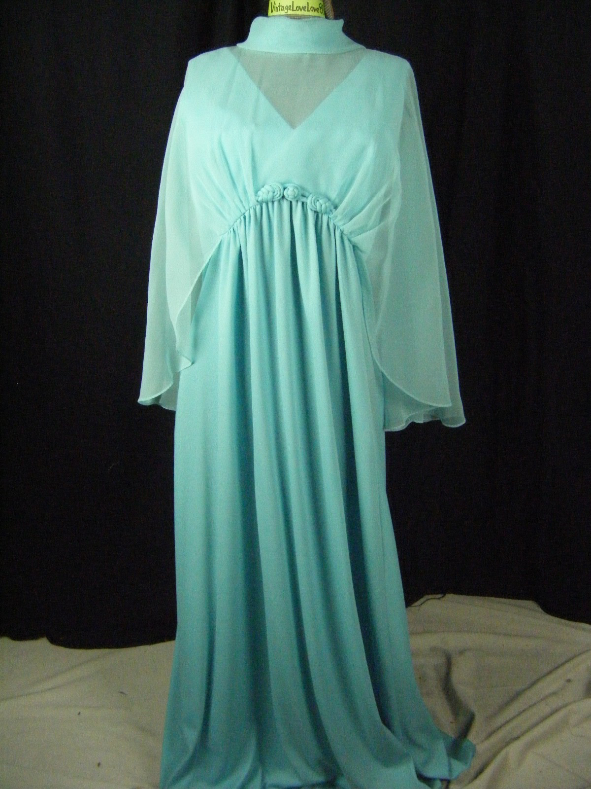 Vtg 60-70s Aqua Blue Sheer Cape Mod Knit Dress-Bust 37/XS-S
