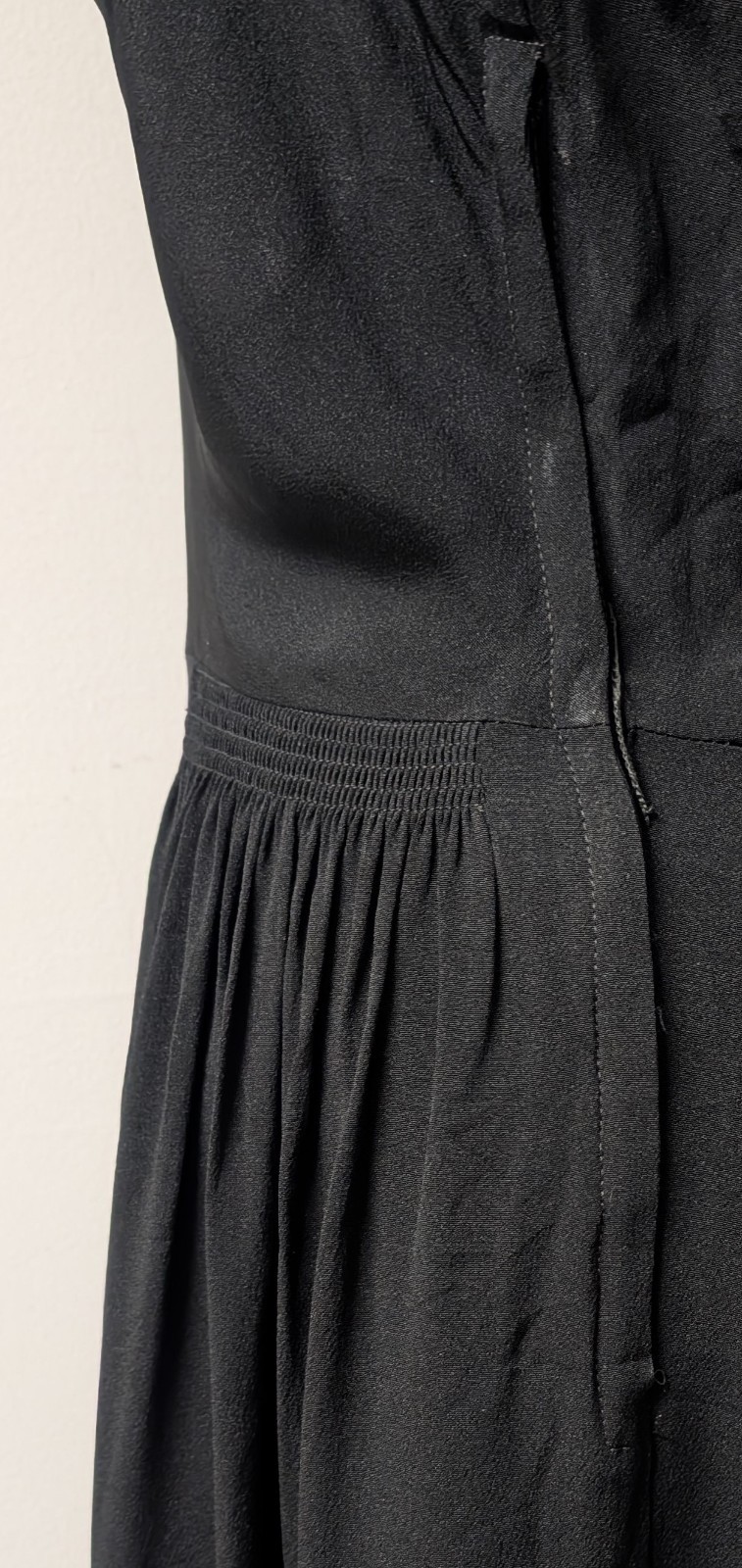 Vintage Late 30&rsquo;s Black Rayon Crepe Midi Dress Red Slip Smocking Drape Velvet M