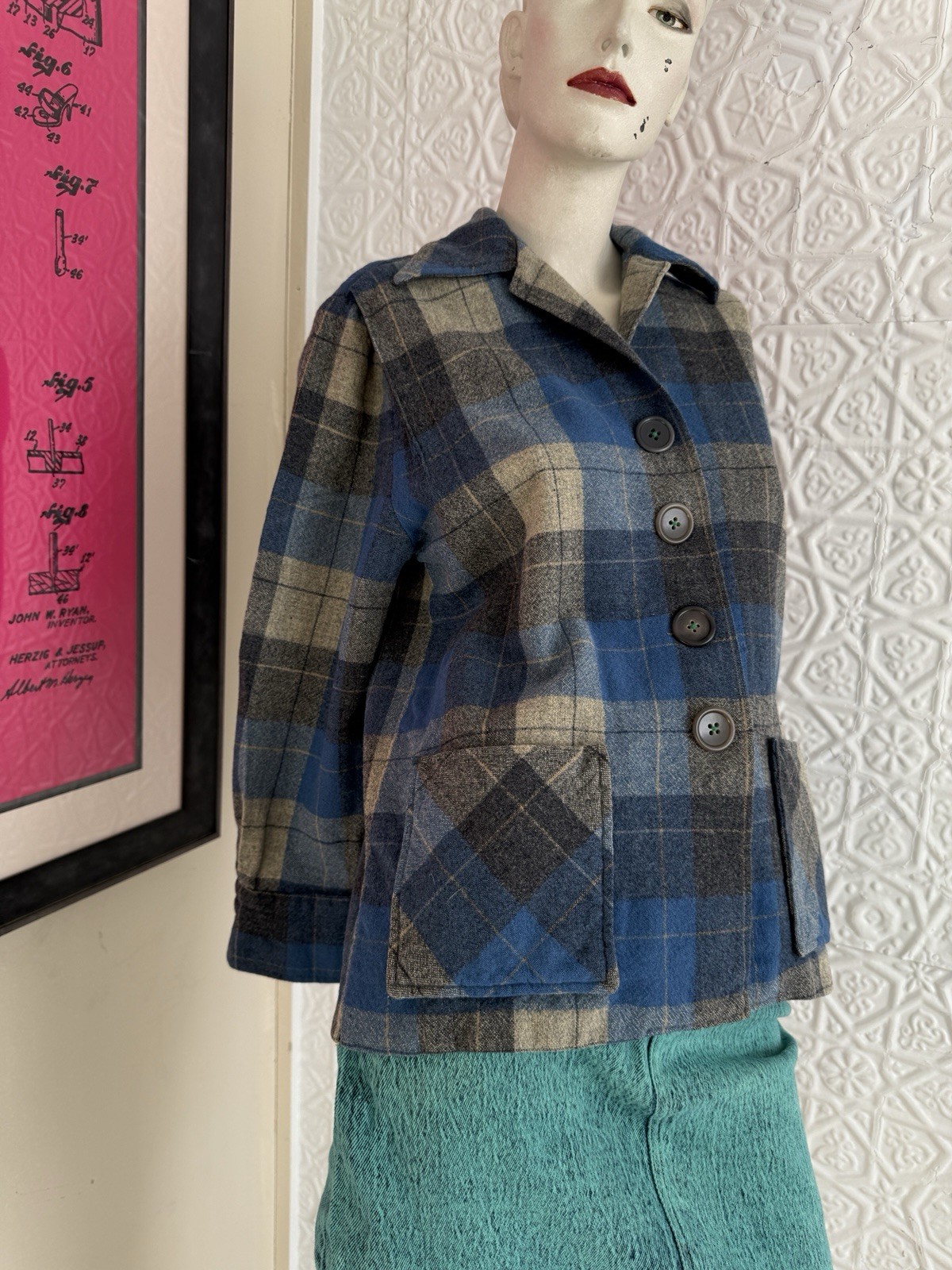 True Vintage 1950s/1940s era pendleton style 49er jacket blue grey plaid S/M