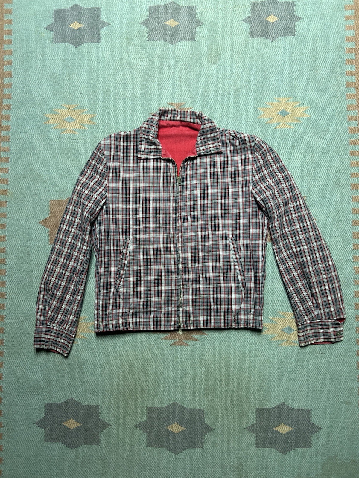 Vintage 50s reversible Ricky jacket plaid red black cotton gabardine women’s L