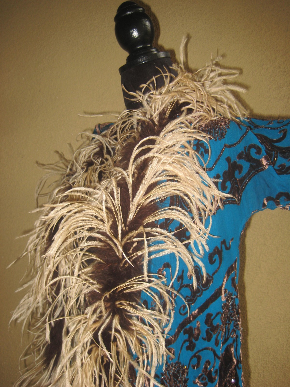 Vintage w/tag Mina Collection turquoise burnout kimono feathers sleeves wrap S/M