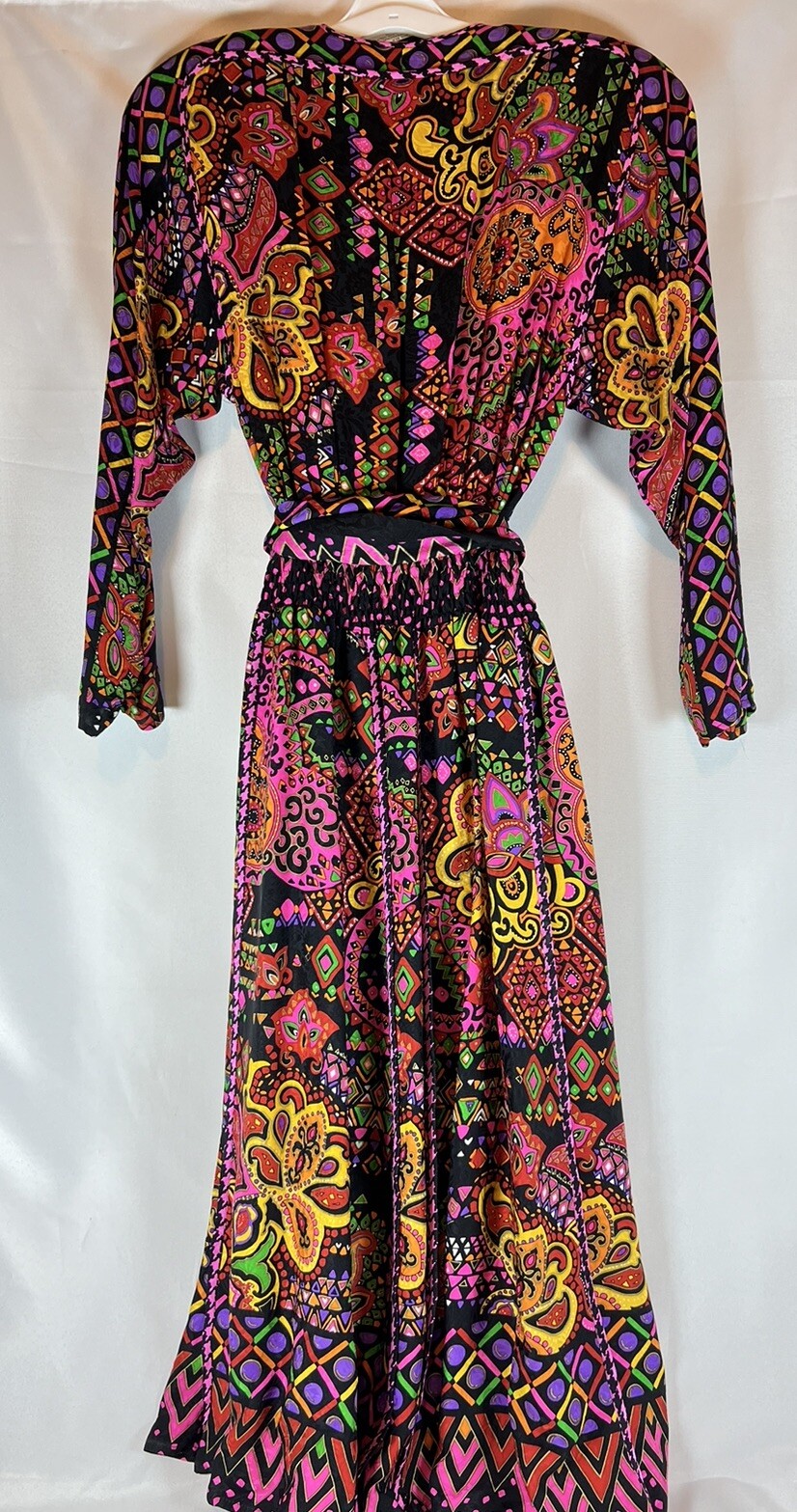 DIANE FREIS Original Vintage 1980s Multi-Color Print Midi Dress 100% Silk