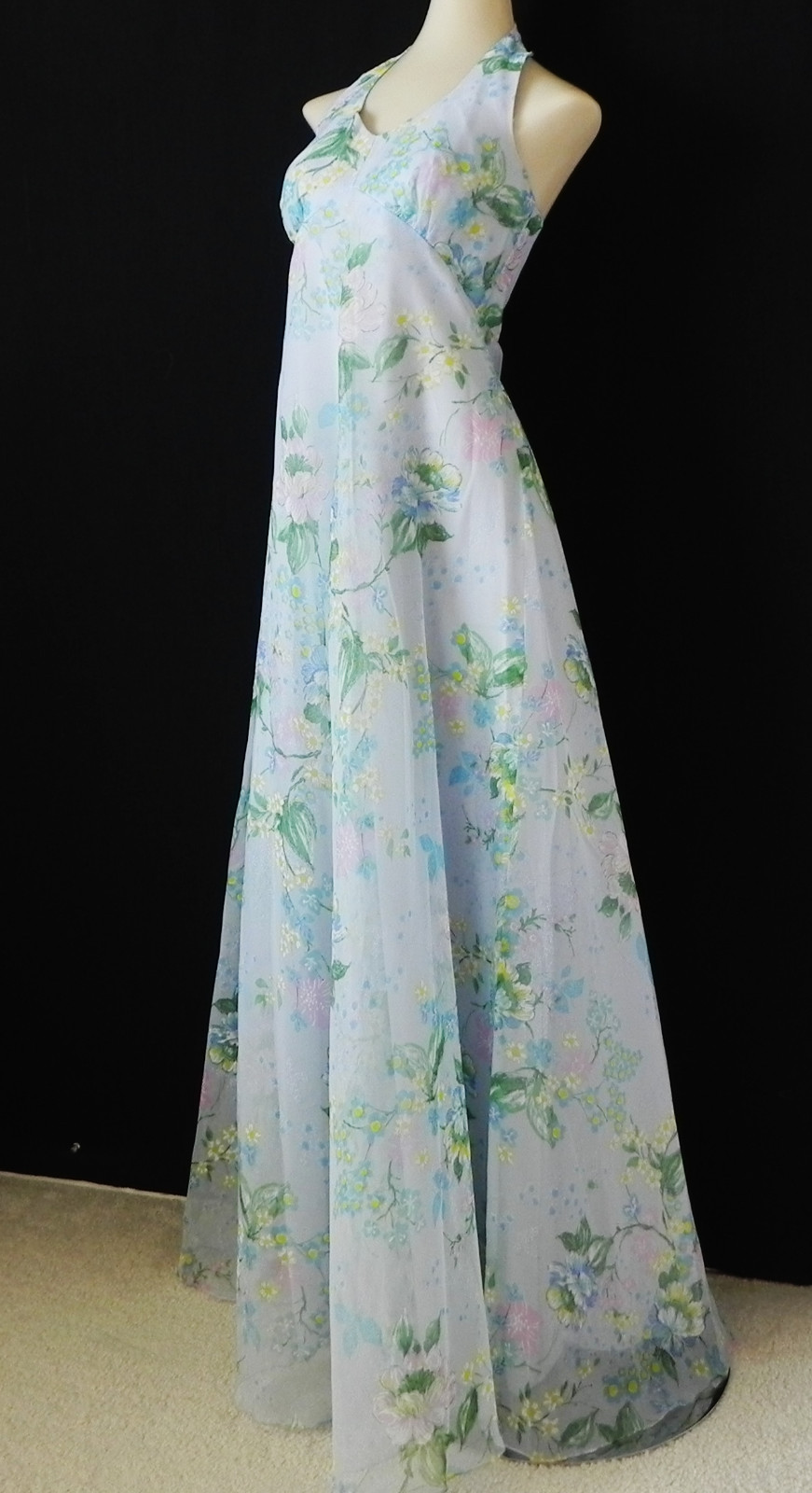 Vtg Summer Dress Empire Waist Halter Maxi Swing Floral Chiffon Size 2XS/XS
