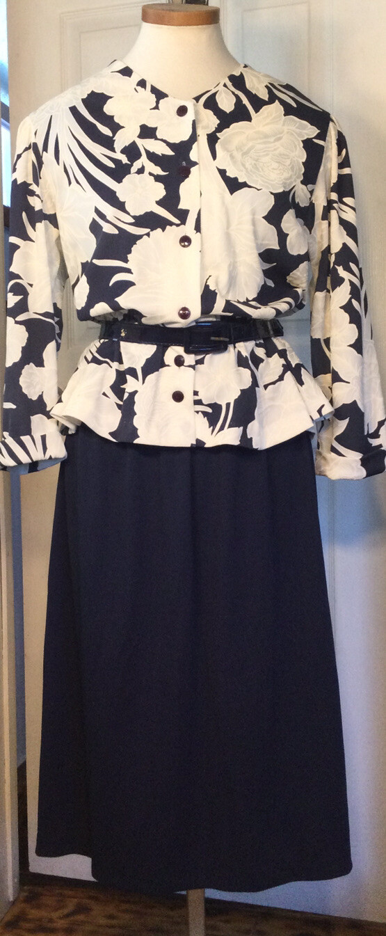 Vintage Blair Warren PA 2pc. Outfit/Set Navy White Blouse/Skirt CAREER sz 14p