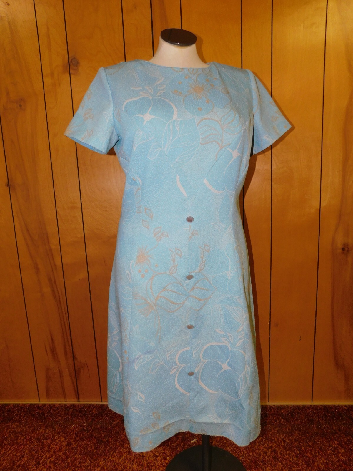 Vintage JOAN CURTIS Blue White Floral Design Polyester Dress UNHEMMED 38&Prime; W )*