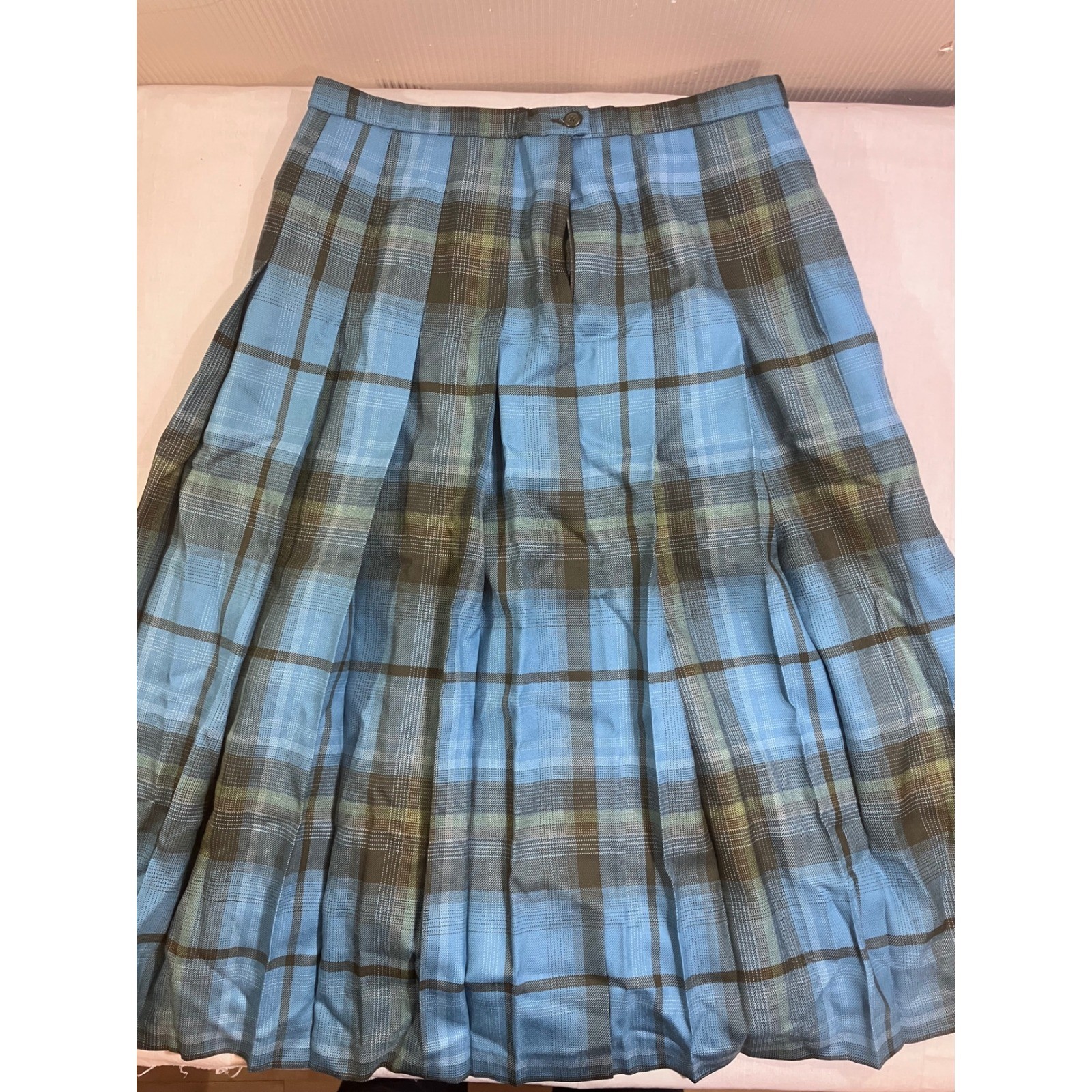 Pendleton Blue Virgin Wool Skirt Suit Set Blazer Pleated Plaid Skirt Womens 14