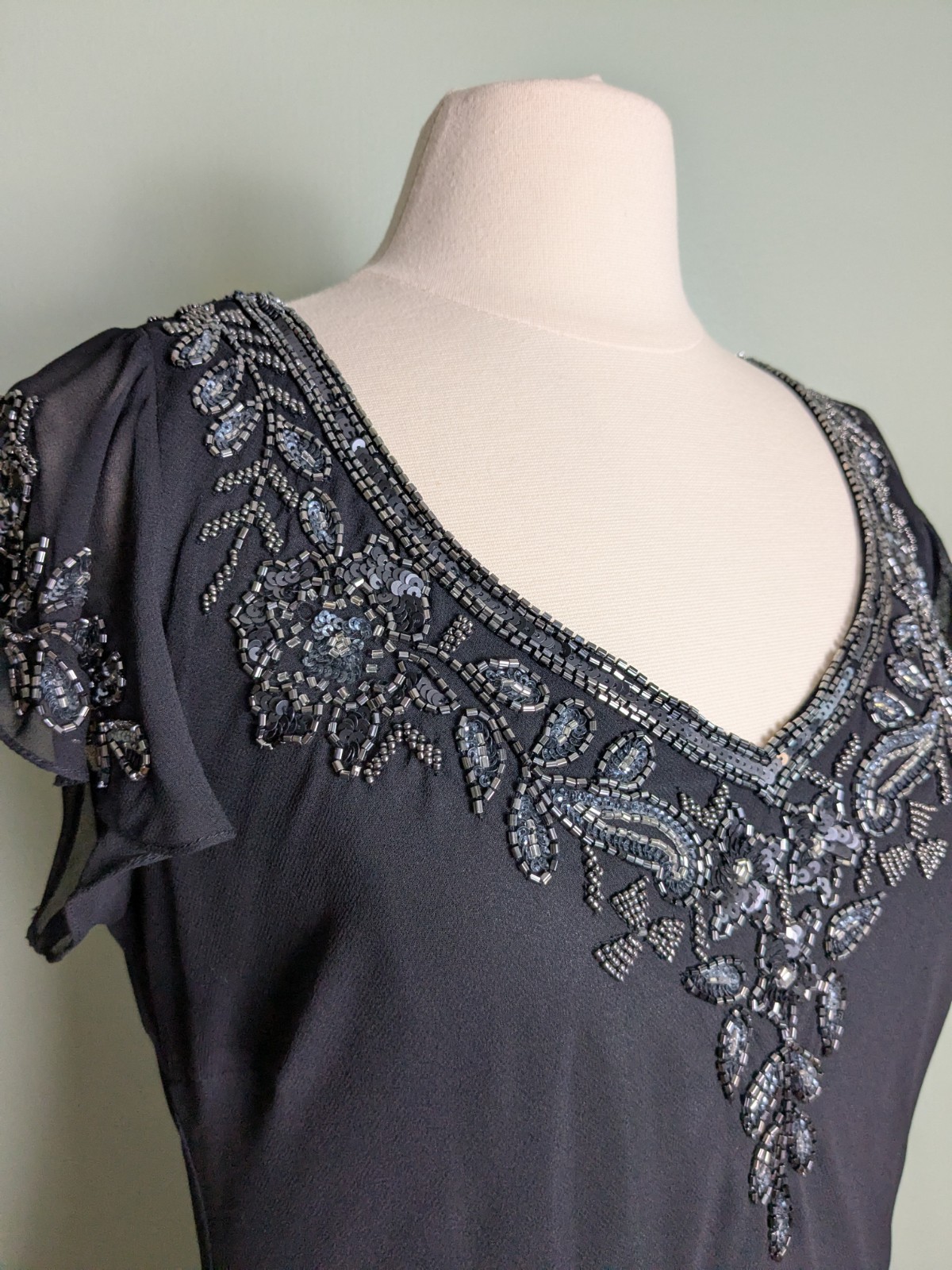 Old Hollywood Inspired Beaded Black Flowy Slip Dress