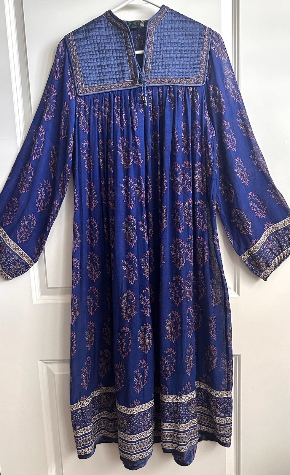 Vintage 70s Phool Style Indian Thin Cotton Blue Purple Dress Boho Hippie Sz M