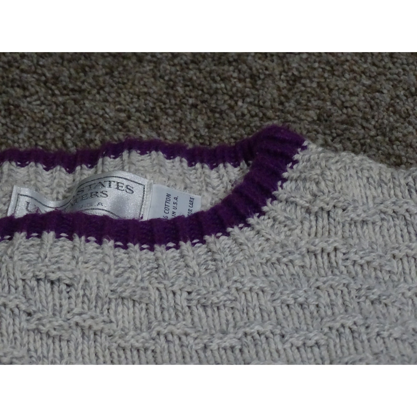 Vtg United States Sweaters 100% Cotton Knit Pullover Size Large Purple Ringer