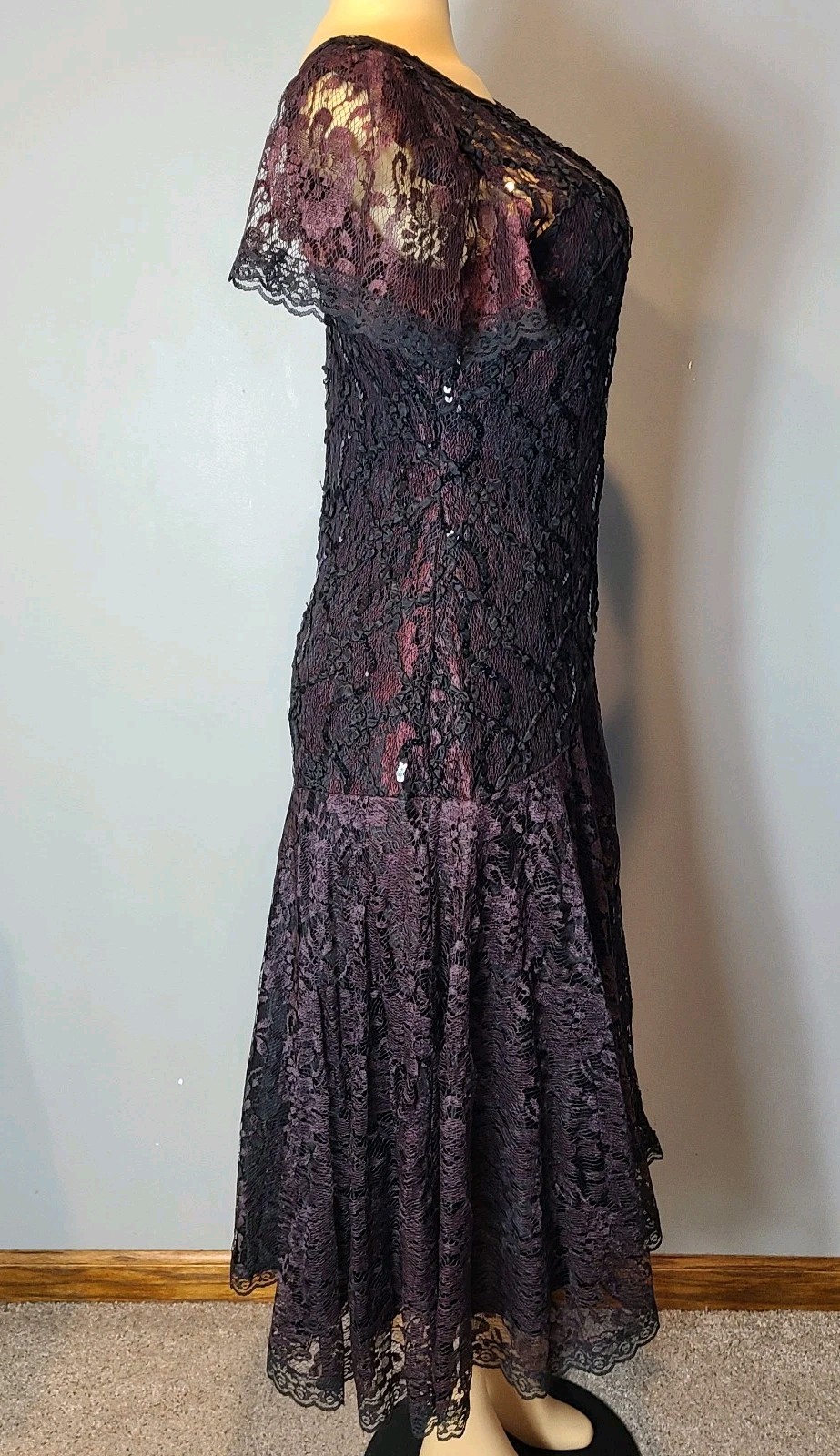 VTG Drop Waist Dress lace Sequin Flapper Art Deco Romantic 1920 Fairy Whimsigoth