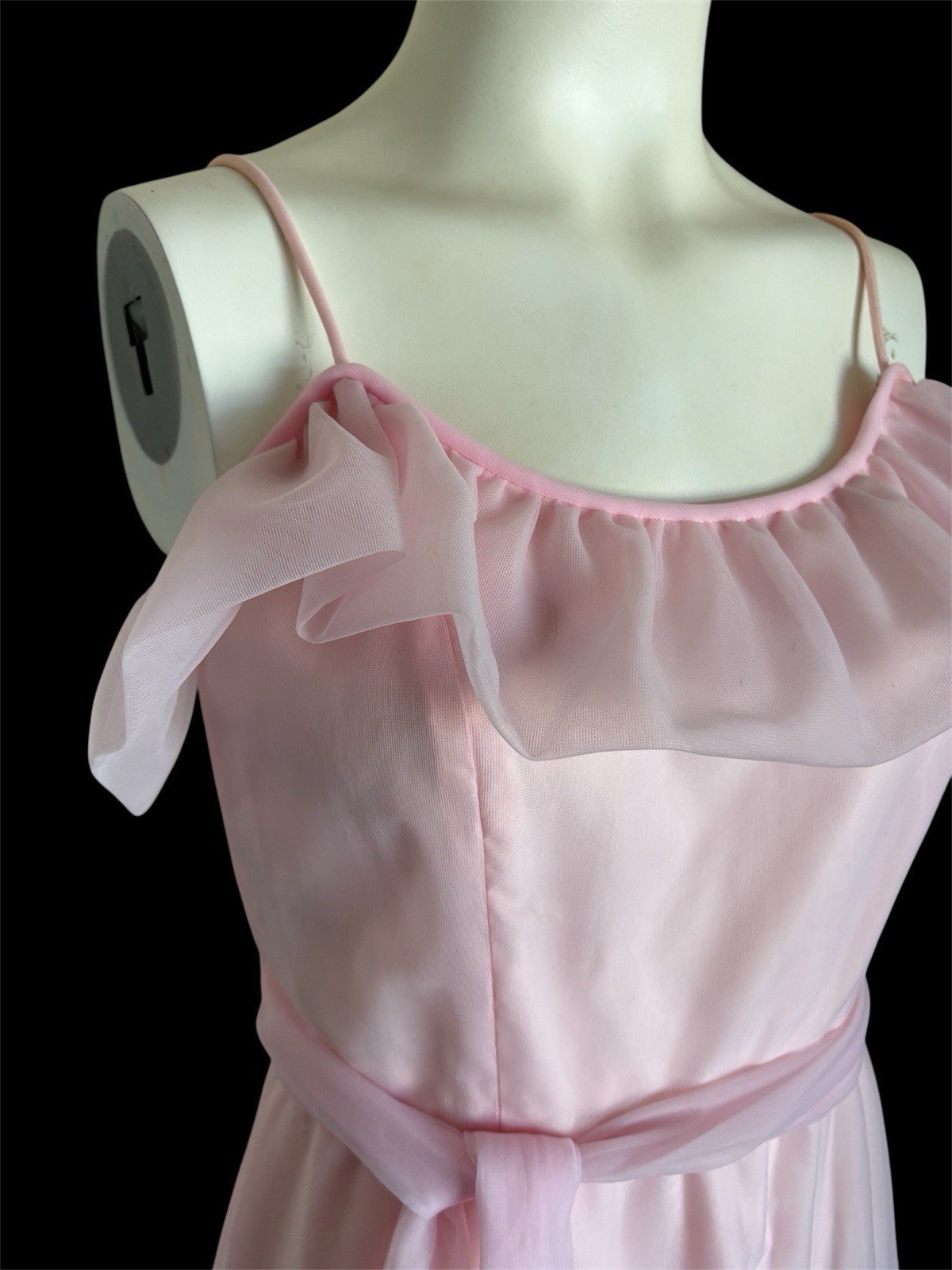 Vintage 1970&rsquo;s Light Pink Chiffon Ruffle Floor Length Gown S-M Prom Formal