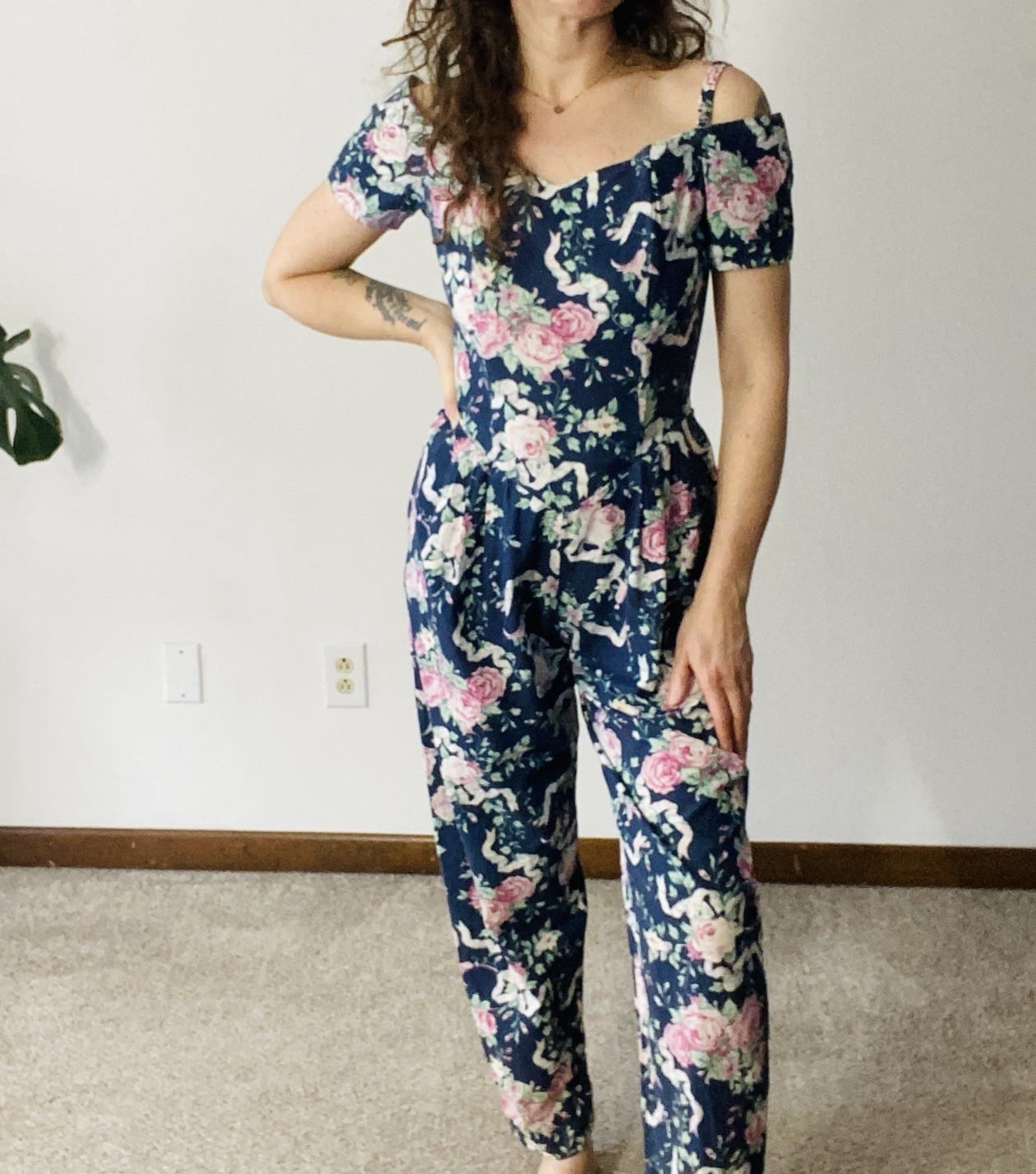 VINTAGE BENSON & SMITH Floral Off Shoulder Jumpsuit Size Small Petite 80s 90s