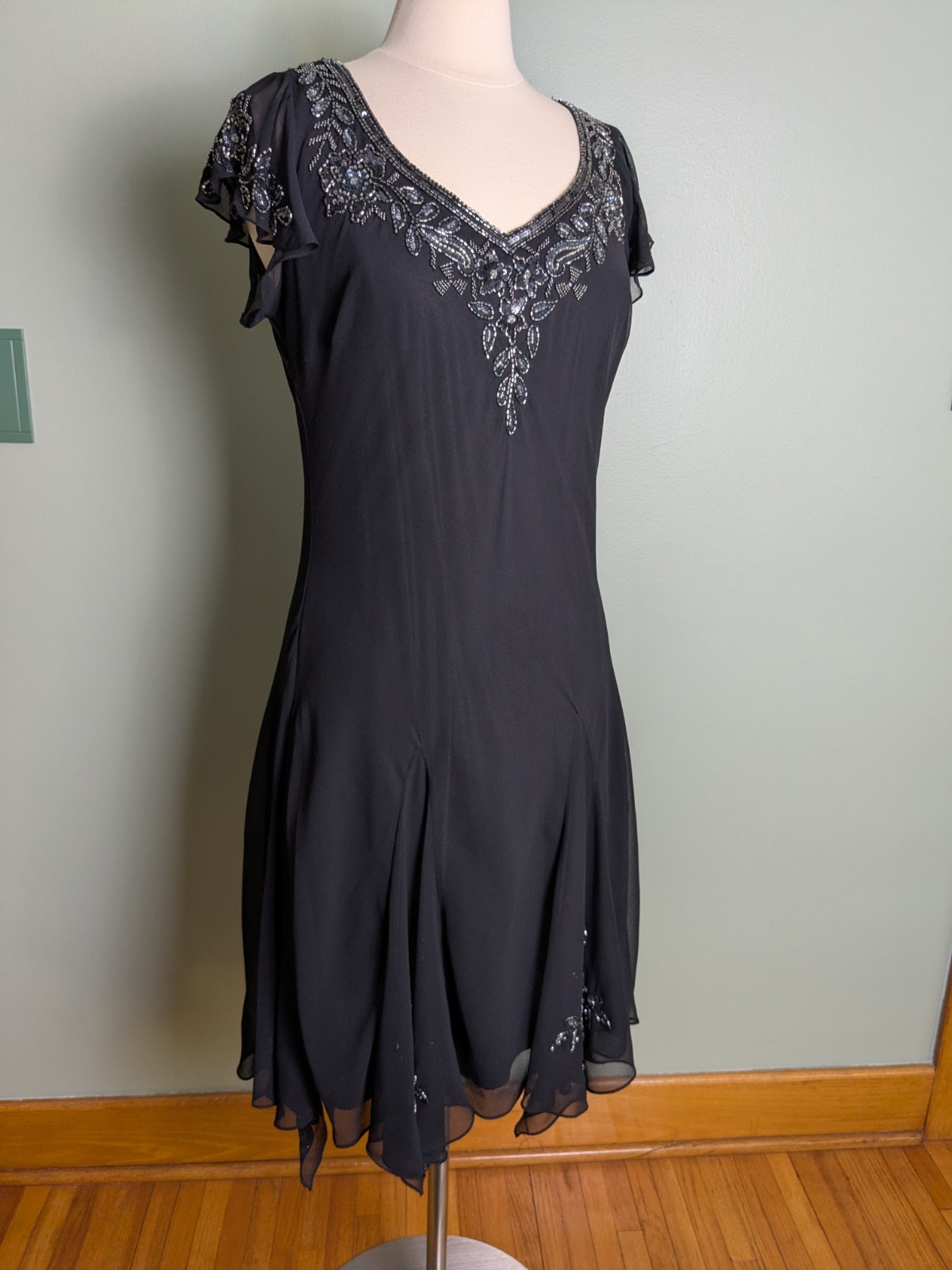 Old Hollywood Inspired Beaded Black Flowy Slip Dress