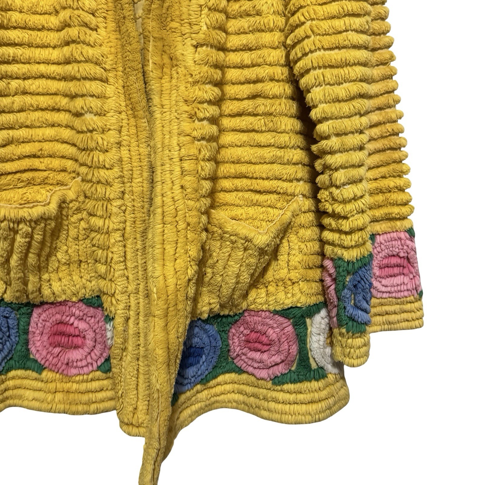 Vintage 1930s Chenille Floral Yellow Jacket short robe coverup size Small
