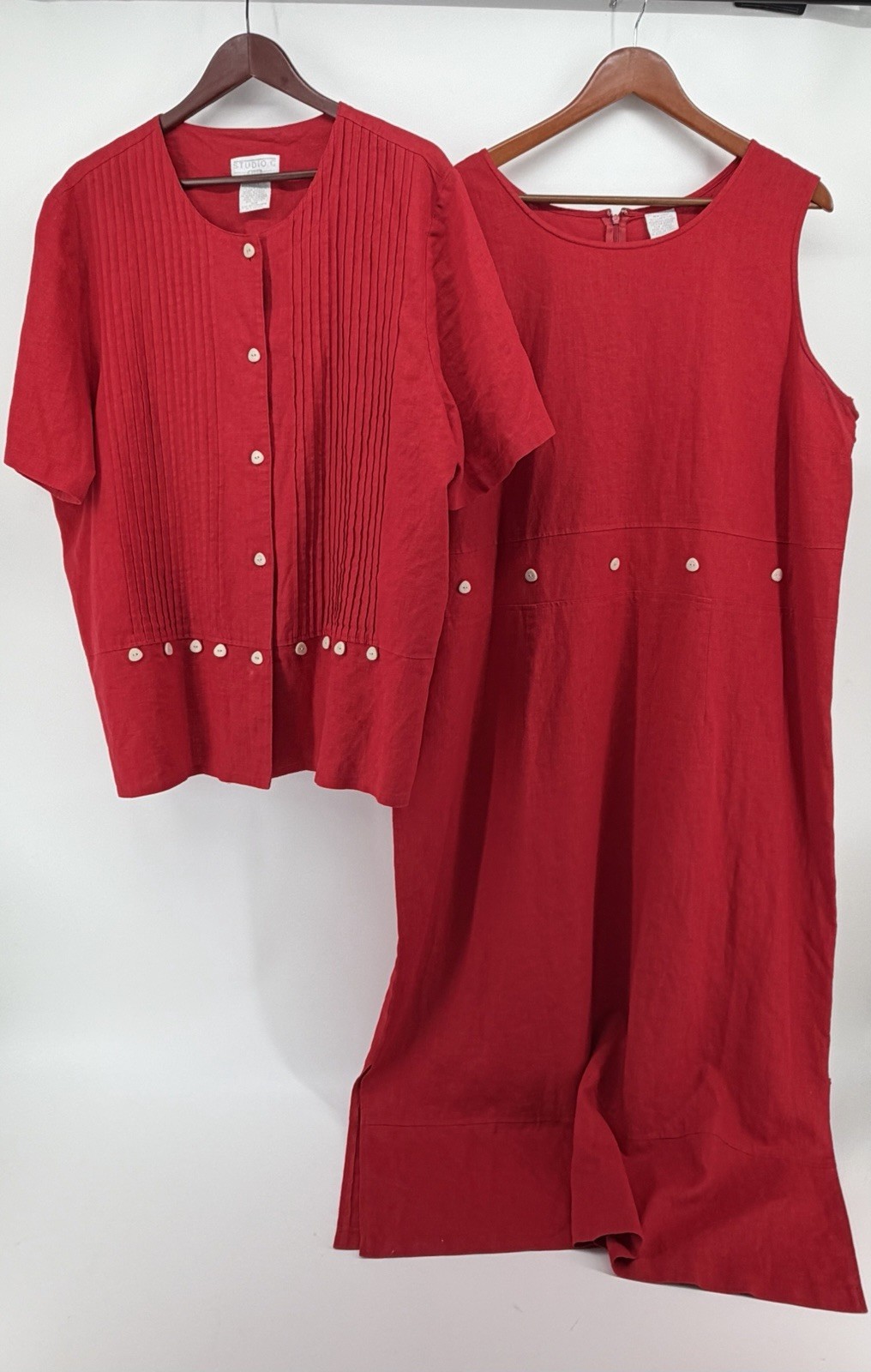 Vintage Studio C Plus 2pc Linen Blend Maxi Dress Blouse Set Red 22W 3X Pleated