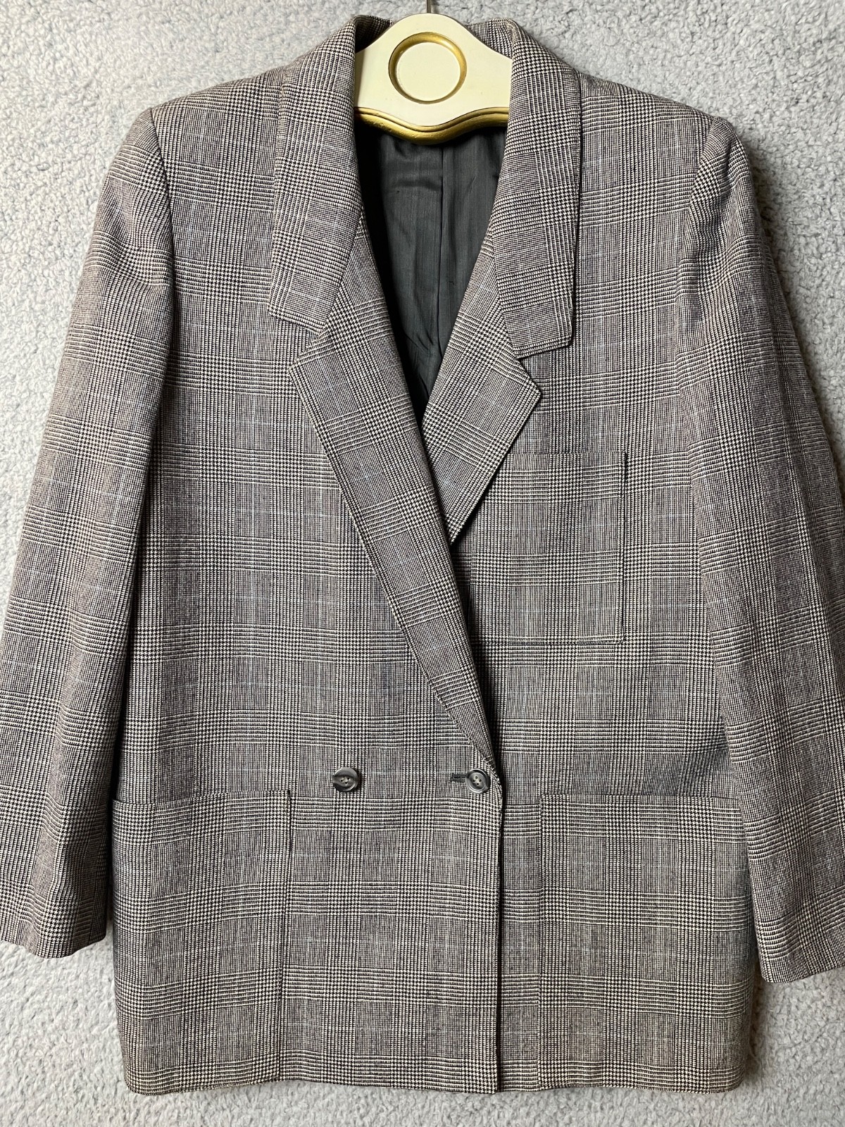Vintage Evan Picone Glen Plaid Blazer Womens 8 Gray Wool Double-Breasted USA