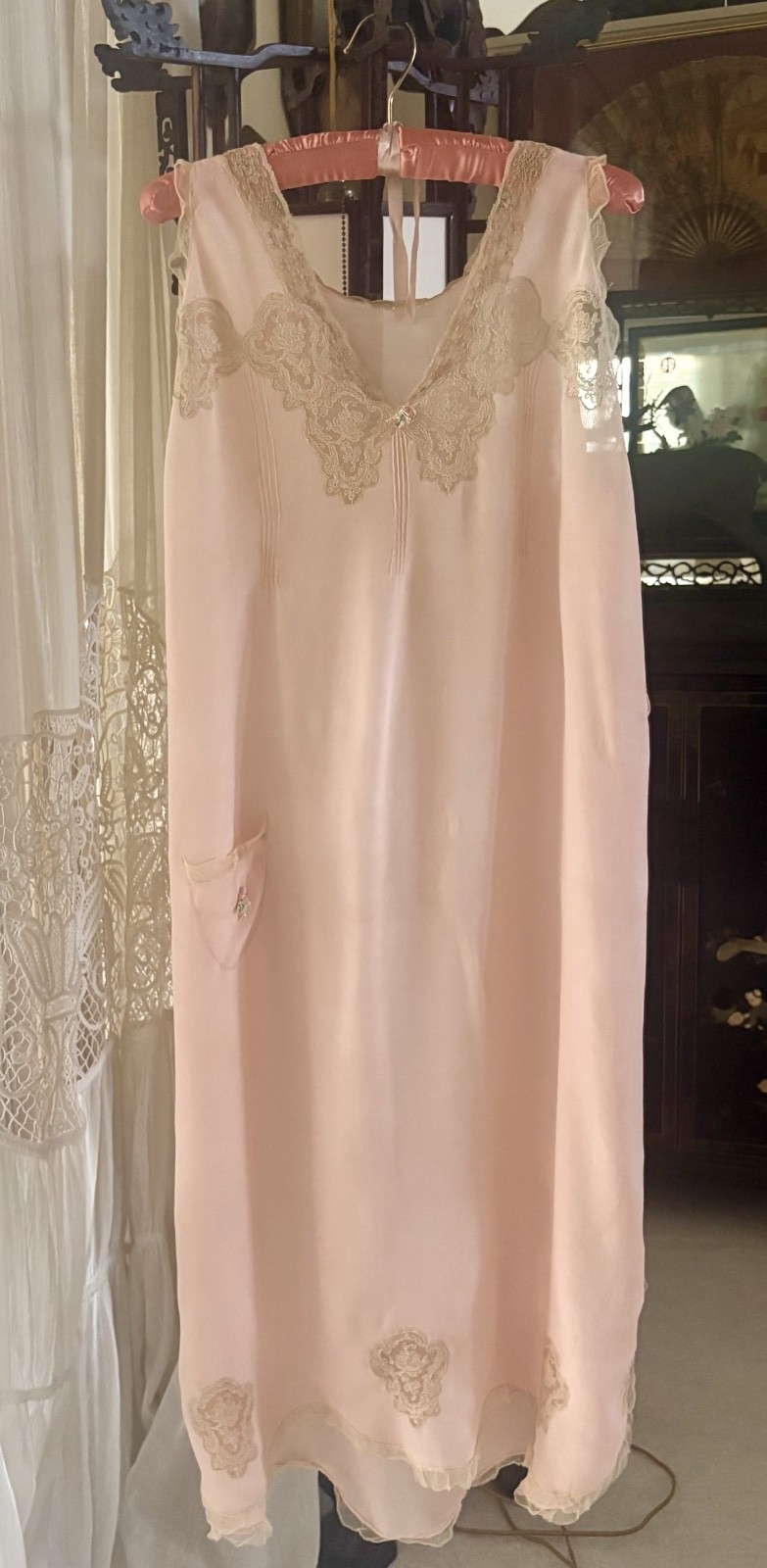 1930s Pink Silk and Lace Maxi Flapper Slip Dress with applique flowers