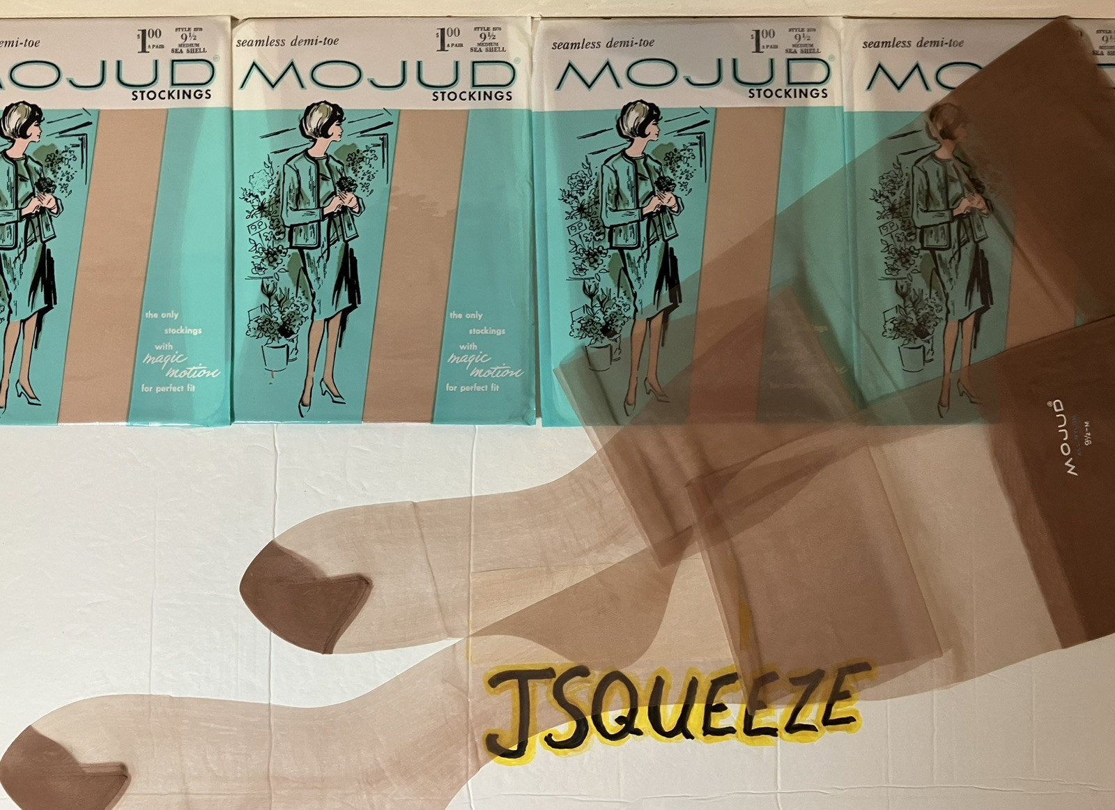 5 Pair VTG FLAT KNIT MOJUD MAGIC MOTION NYLON STOCKINGS GARTER HOSIERY 9 1/2×32”
