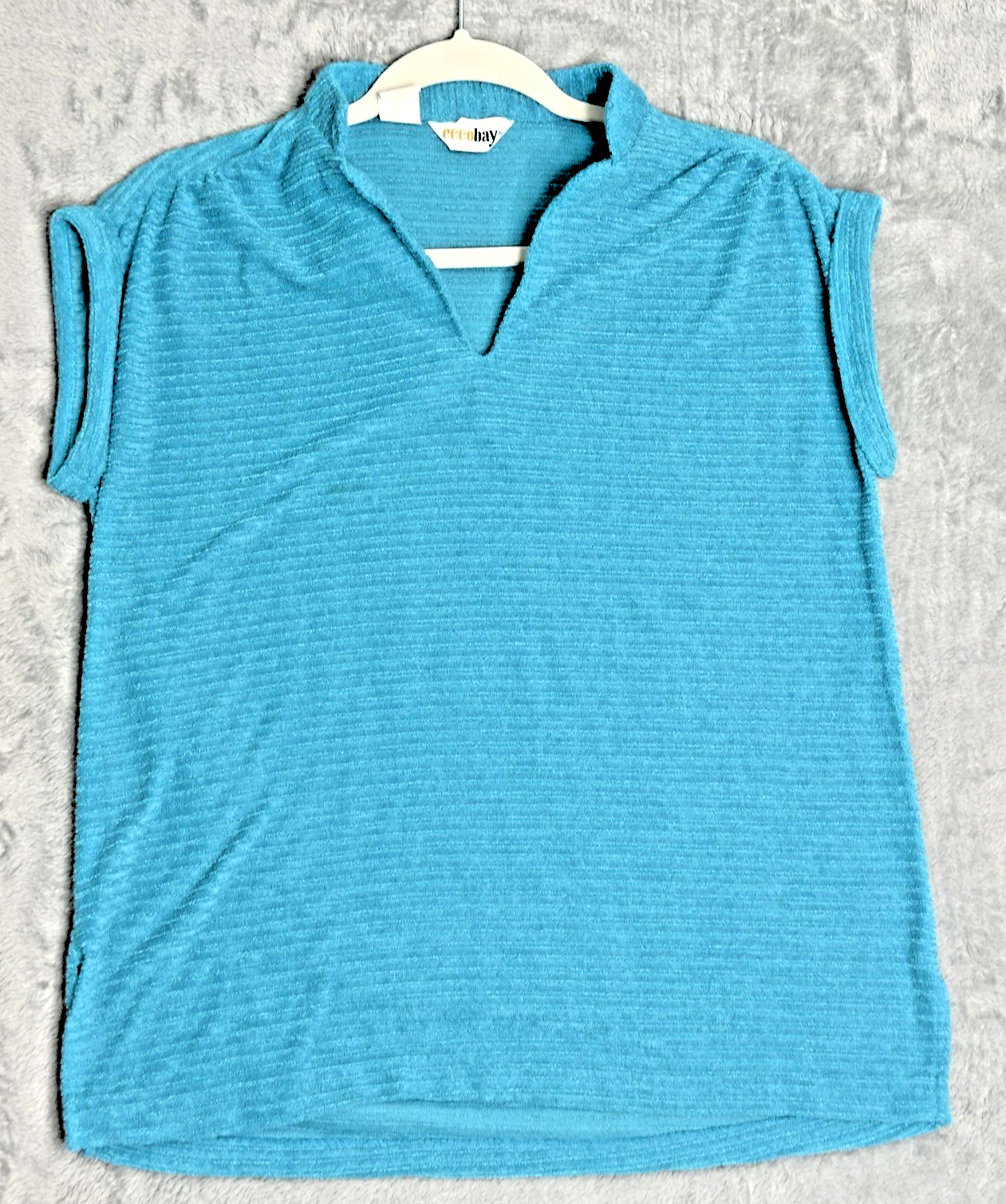 VTG Eccobay Cap Sleeve Johnny Collar Tank Turquoise Blue Poly Knit Sz Large
