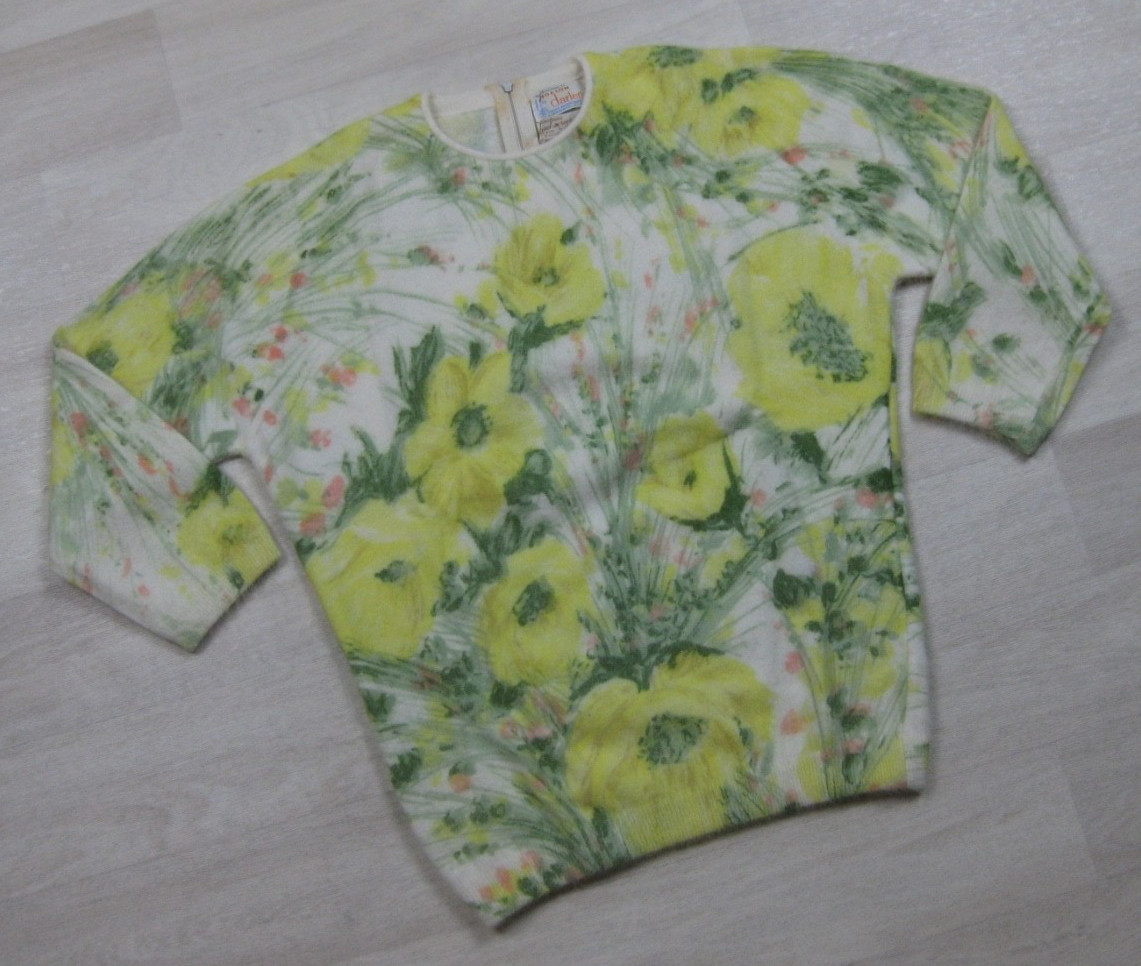 Vintage 50s Angelon Darlene Sweater (S/M) Angora Wool Floral Hand Screen Print