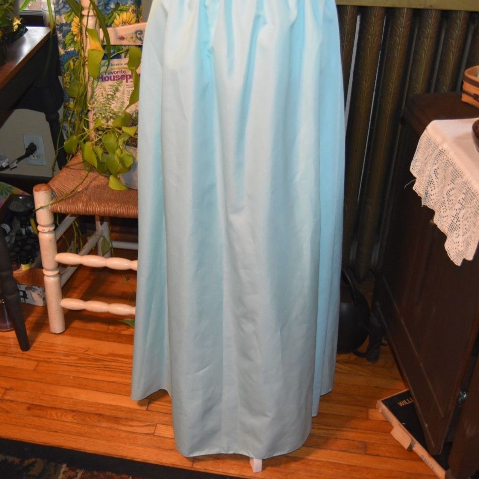 Vintage 1970s Powder Blue Satin Dress Spaghetti Strap Sweetheart Maxi Size XS