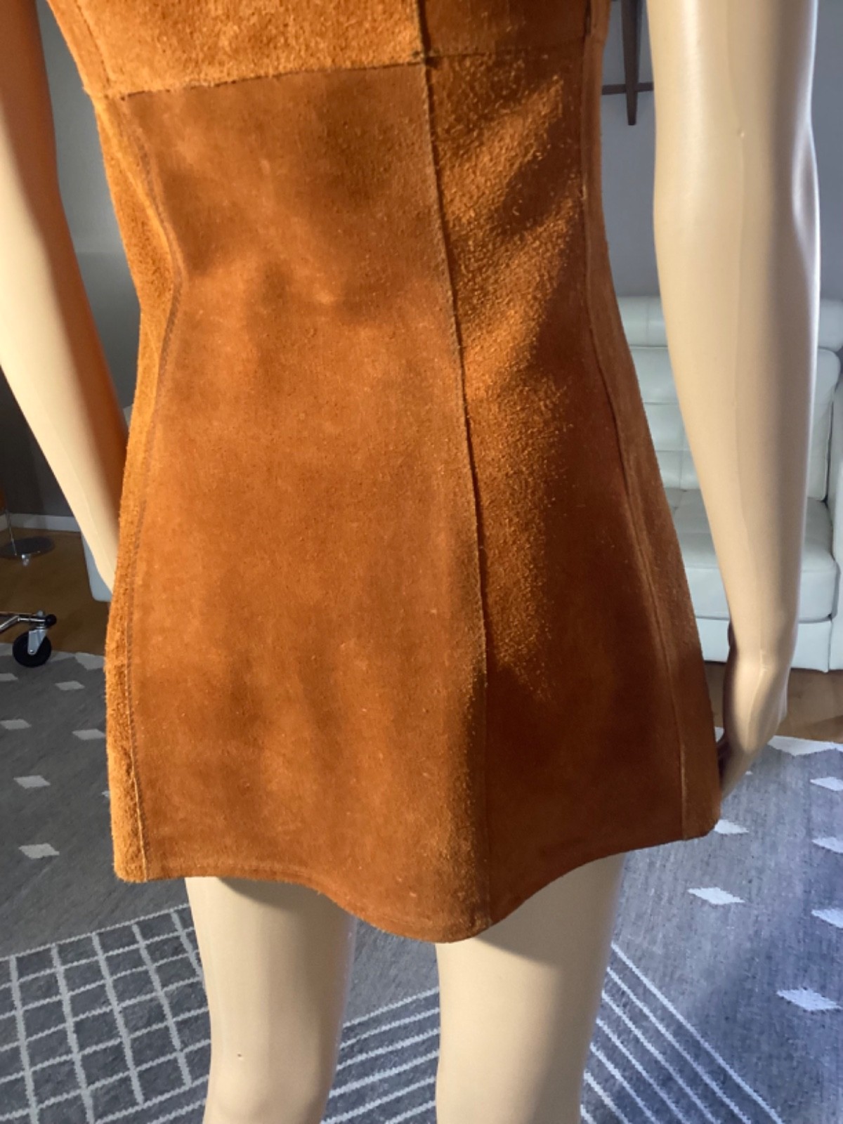 Vintage 1970&rsquo;s Brown Suede Leather Mini Dress Hippie Woodstock XS/S