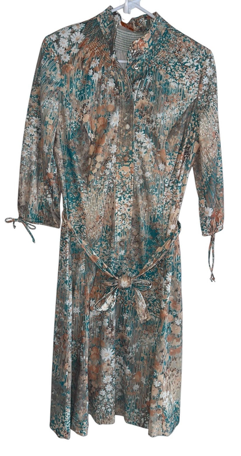 VTG 70s Lady Carol Of New York Shirt Dress Womens 14 Teal Orange Floral Union