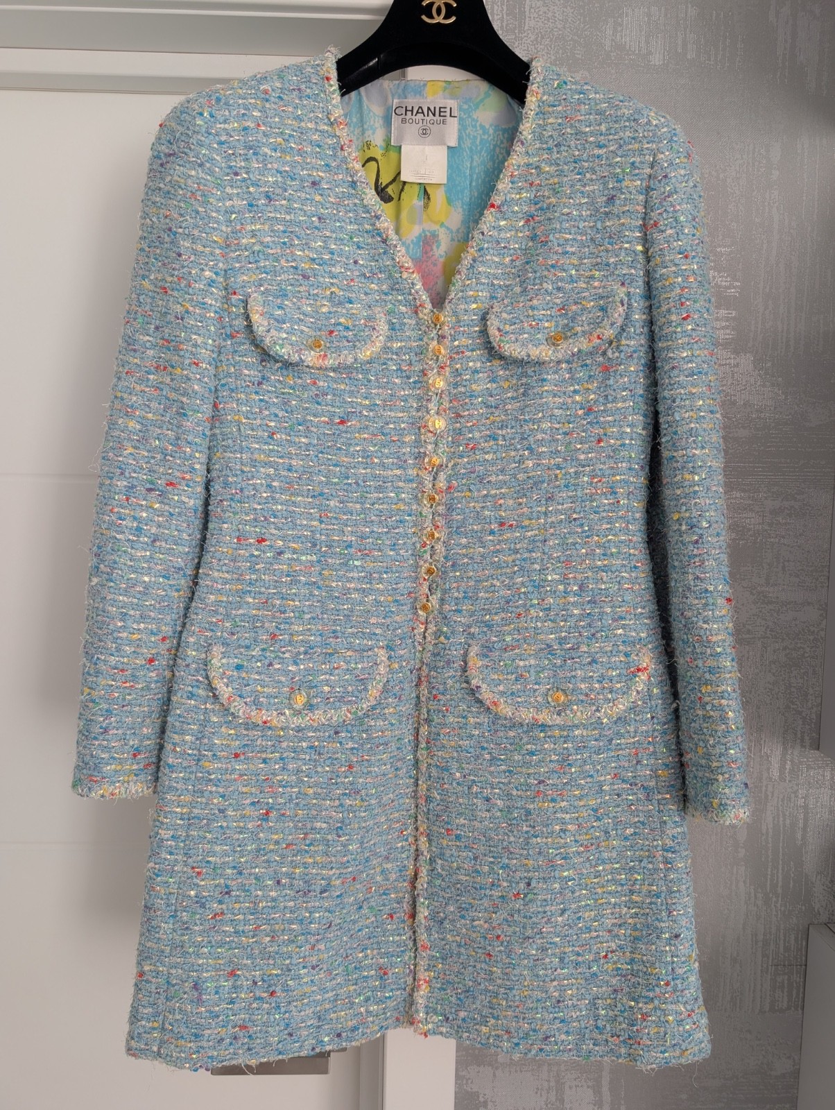 Chanel 1997 Confetti Fantasy Tweed Coat Blue Jacket Camellia Print Silk Dress 40
