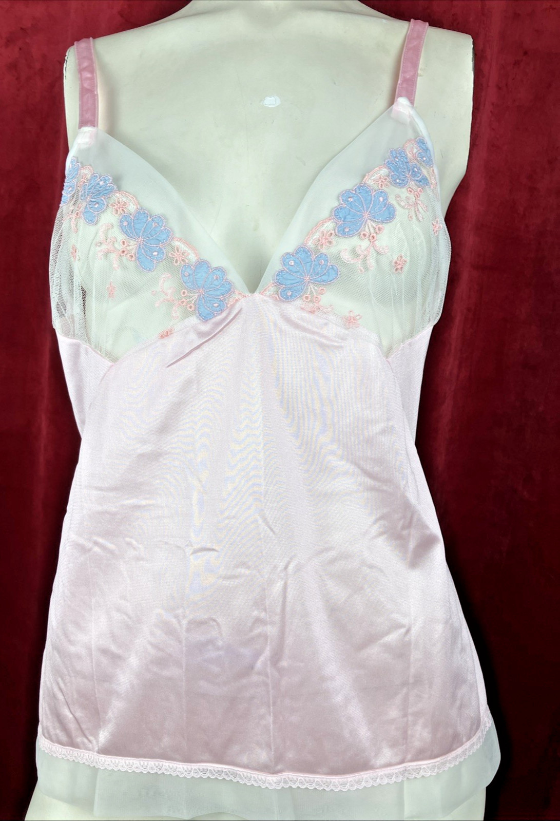 38 Bust 70s Boudoir Sheer Bust Floral Embroidery Camisole Cami Baby Pink Nylon