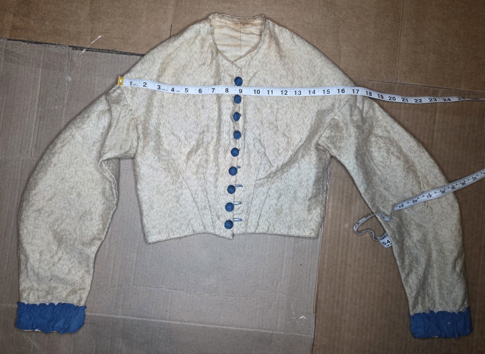 1850s Victorian 4pc Beige/Teal Cotton Blend Visiting Dress w/ Peplum & Lace Belt