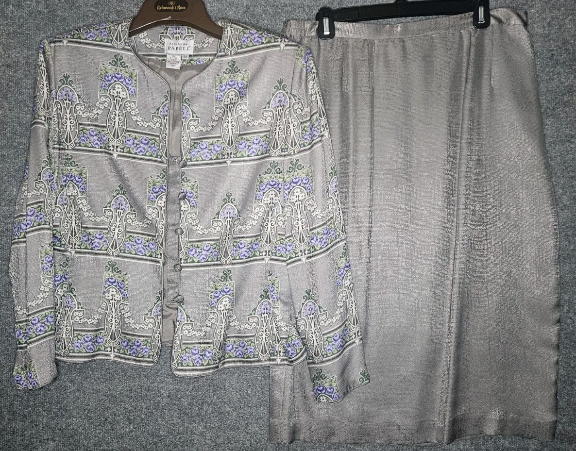 Adrianna Papell Vtg Womens Silver Floral 2 Pc Set Silk Blouse Skirt Size 14