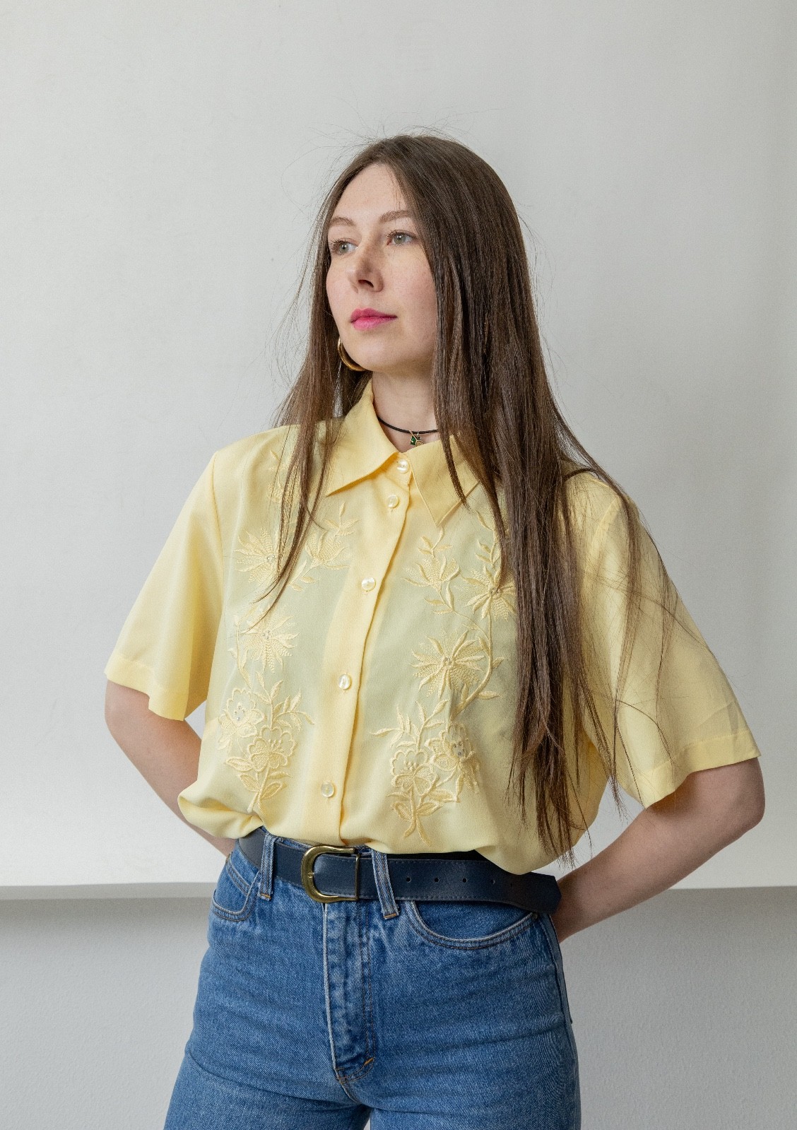 Vintage 90s Butter Yellow Embroidered Blouse Tonal Floral Cottagecore Coquette L
