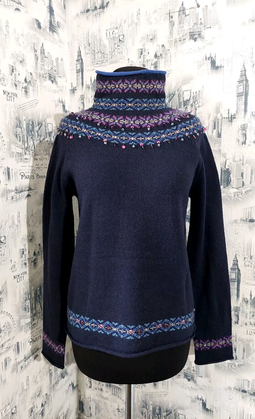 VTG Laura Ashley Sweater 100% Lambswool Multicolor Fair Icle Beaded Knit Sz S /P