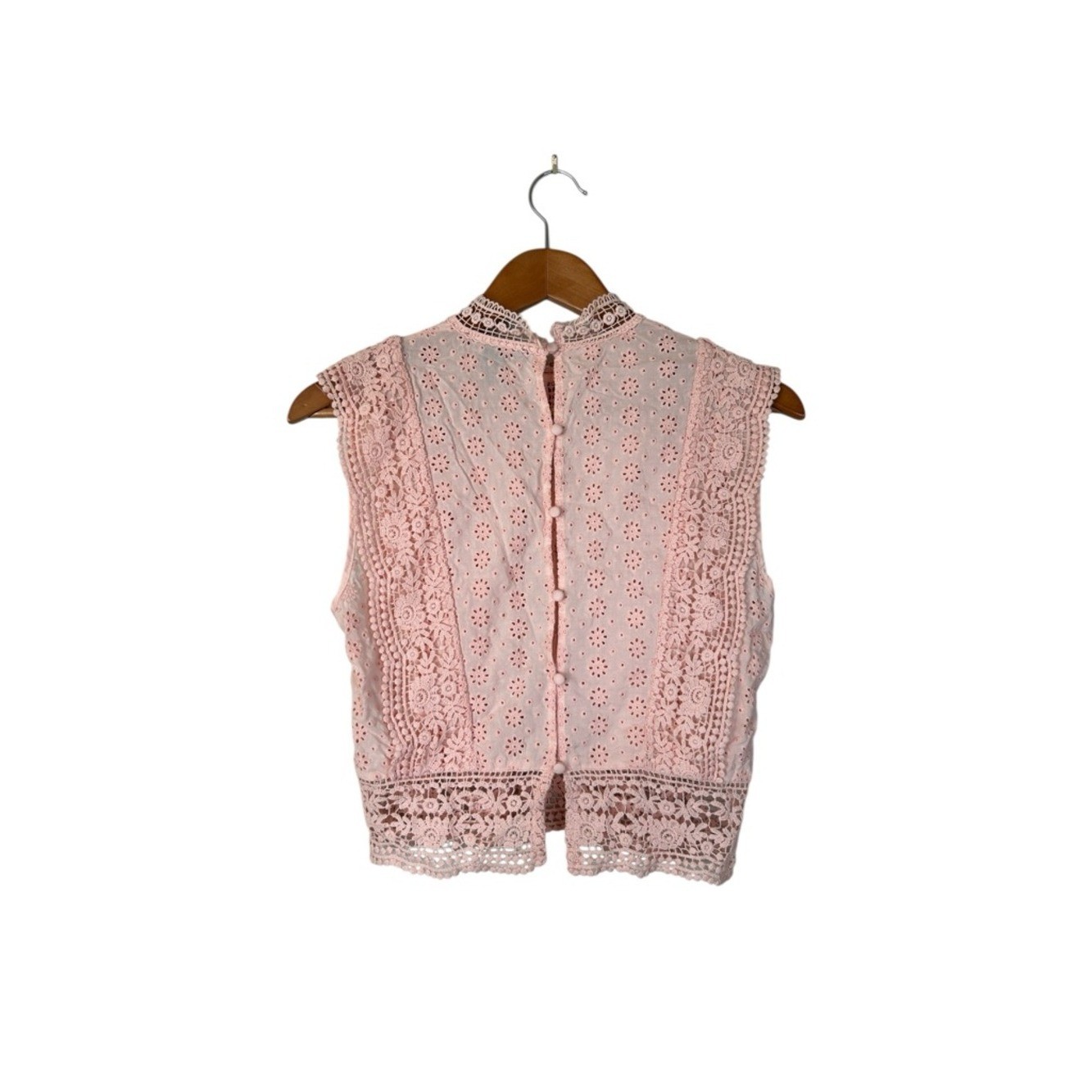Vintage-Inspired Forever 21 Cotton Embroidered Blouse, Cropped Mock Neck Pink S