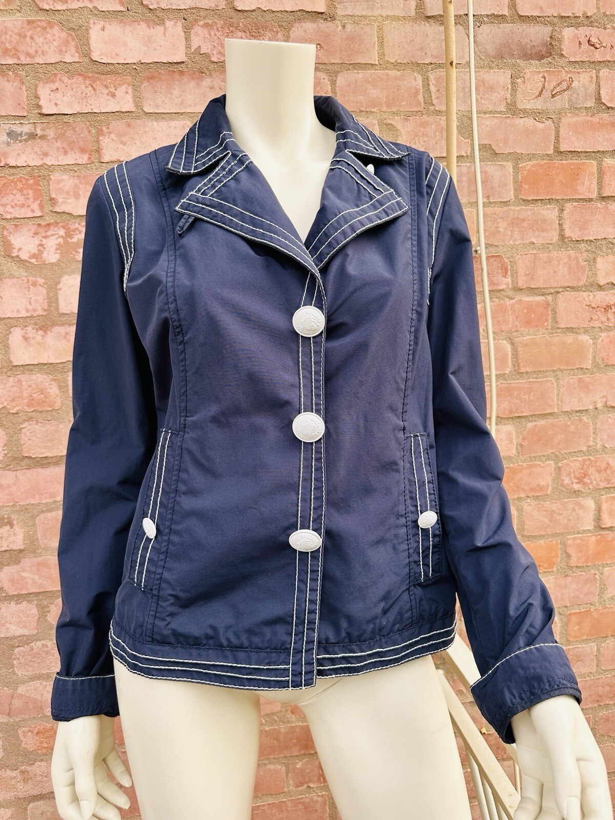 MOSCHINO Blazer Jacket Short Navy Blue White Popeye Buttons Cartoon Size IT 46 L