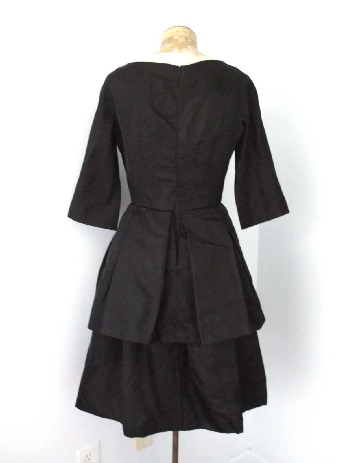 Vtg 40s Edith Small black satin taffeta dress inner bustier layered bustle S