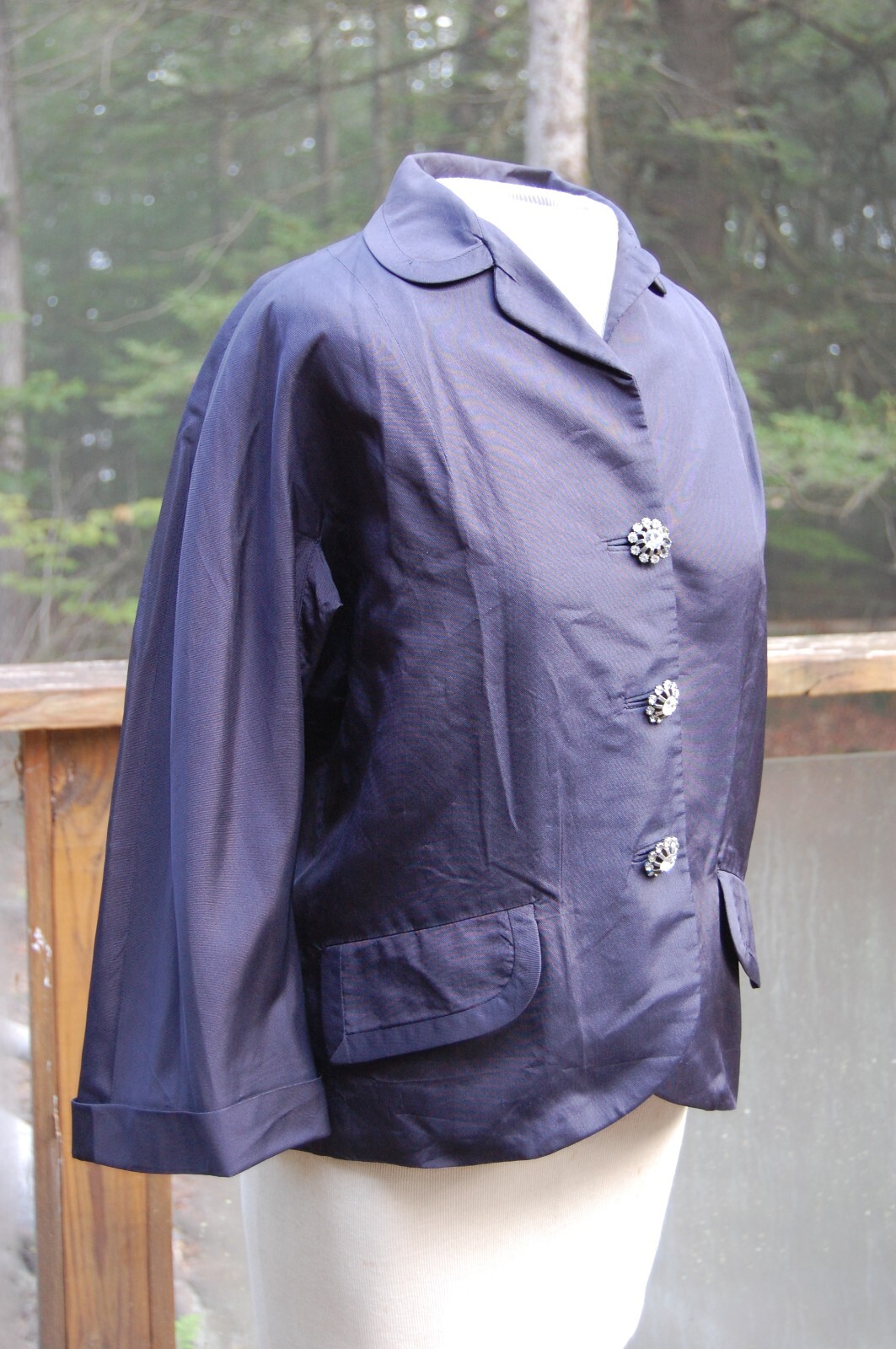 Vintage 50s L-XL Jacket Women&rsquo;s Navy Blue Rhinestone Buttons Boxy Mad Men